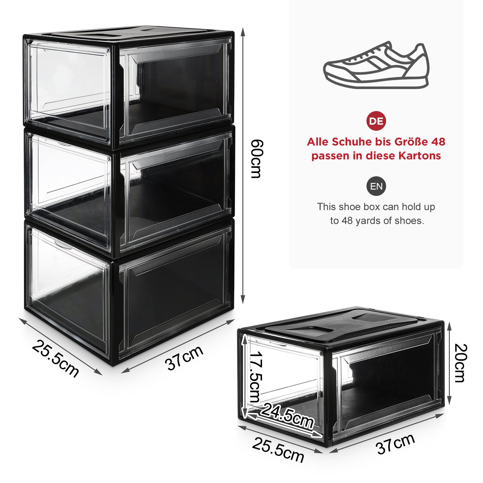 Yorbay Schuhbox 3er Set Schuhbox, stapelbarer Schuhorganizer, Schuhaufbewahrung (Kunststoffbox mit durchsichtiger Tür), Transparent weiß / schwarz, 37 x25,5 x 20 cm, für Schuhe bis Größe 48