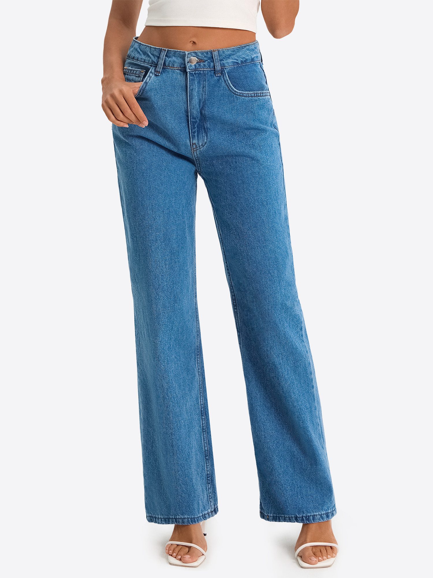 Imily Bela Gerade Jeans Damen High-Waist ausgestellt Jeans aus Baumwolle Denim (Packung, 1-tlg., 1per-Pack) 4-Pocket Style in Unifarbe