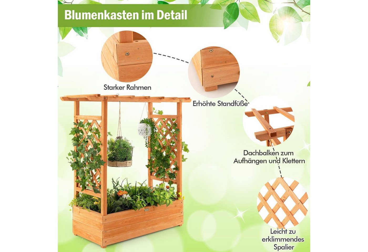 Thumbnail - COSTWAY Hochbeet, mit Rankgitter & hängendem Dach, für Kletterpflanzen, 100x44x113,5 cm