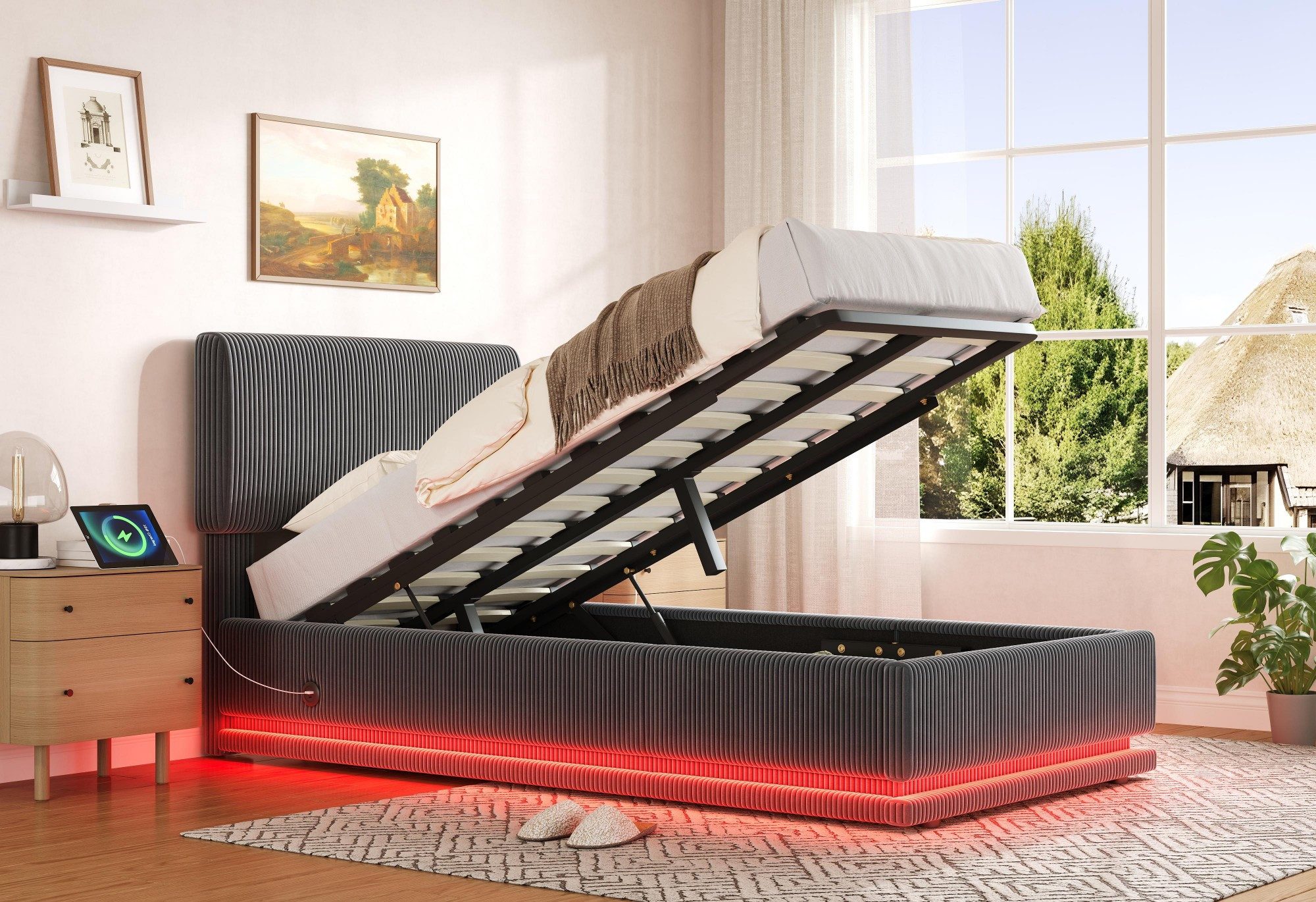 LVHOM Boxbett 90/140/160/180x200cm Nadelstreifen Bettgestell mit Bettkasten (mit LED-Leuchten in 12 Farben, Seitlicher USB-Ladeanschluss, Integriertes Hydrauliksystem, Weicher, hautfreundlicher Samtstoff, Platzsparend, Polsterbett/Doppelbett/Stauraumbett/