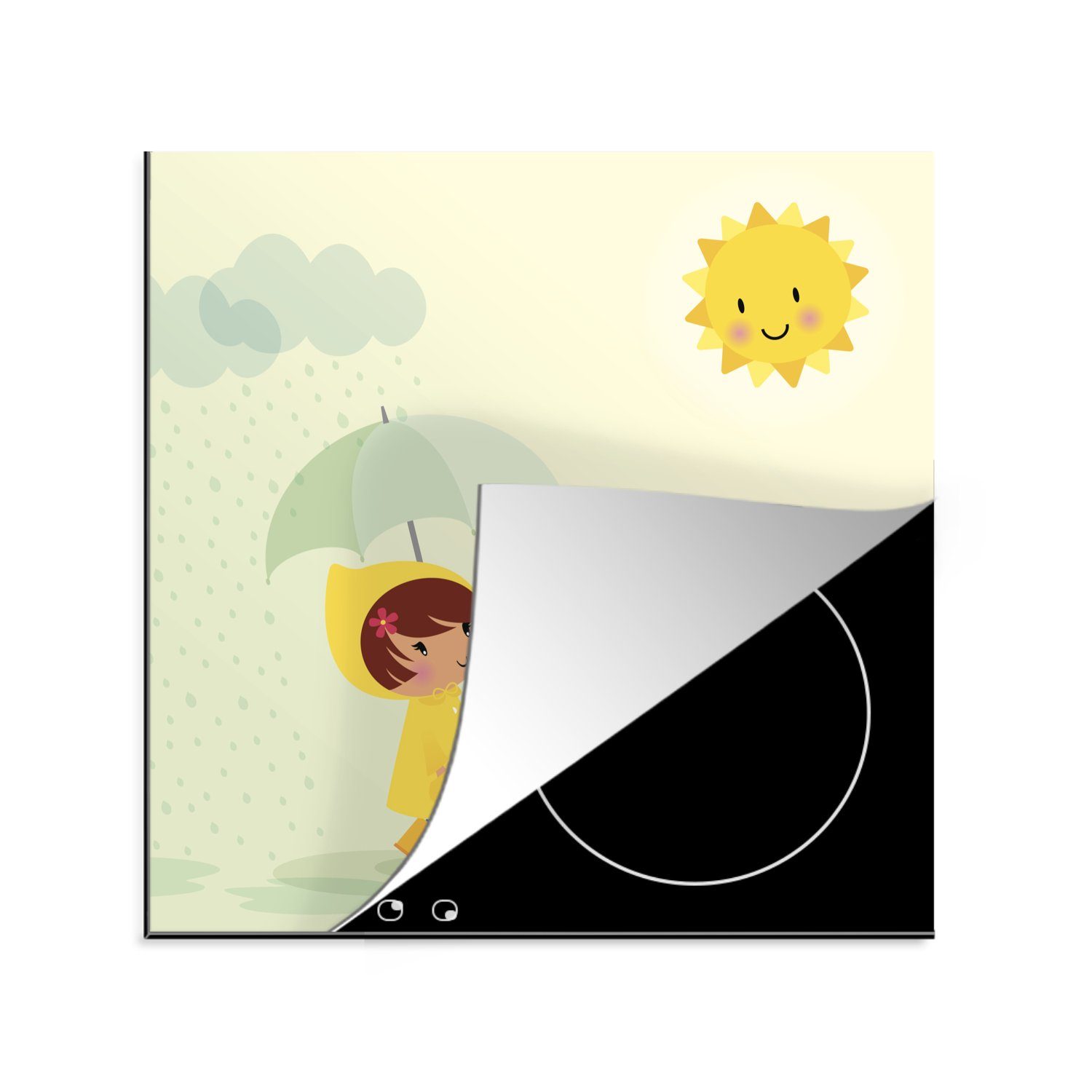 MuchoWow Herdblende-/Abdeckplatte Kindheitsillustration eines Mädchens mit einem Regenschirm, Vinyl, (1 tlg), 78x78 cm, Ceranfeldabdeckung, Arbeitsplatte für küche