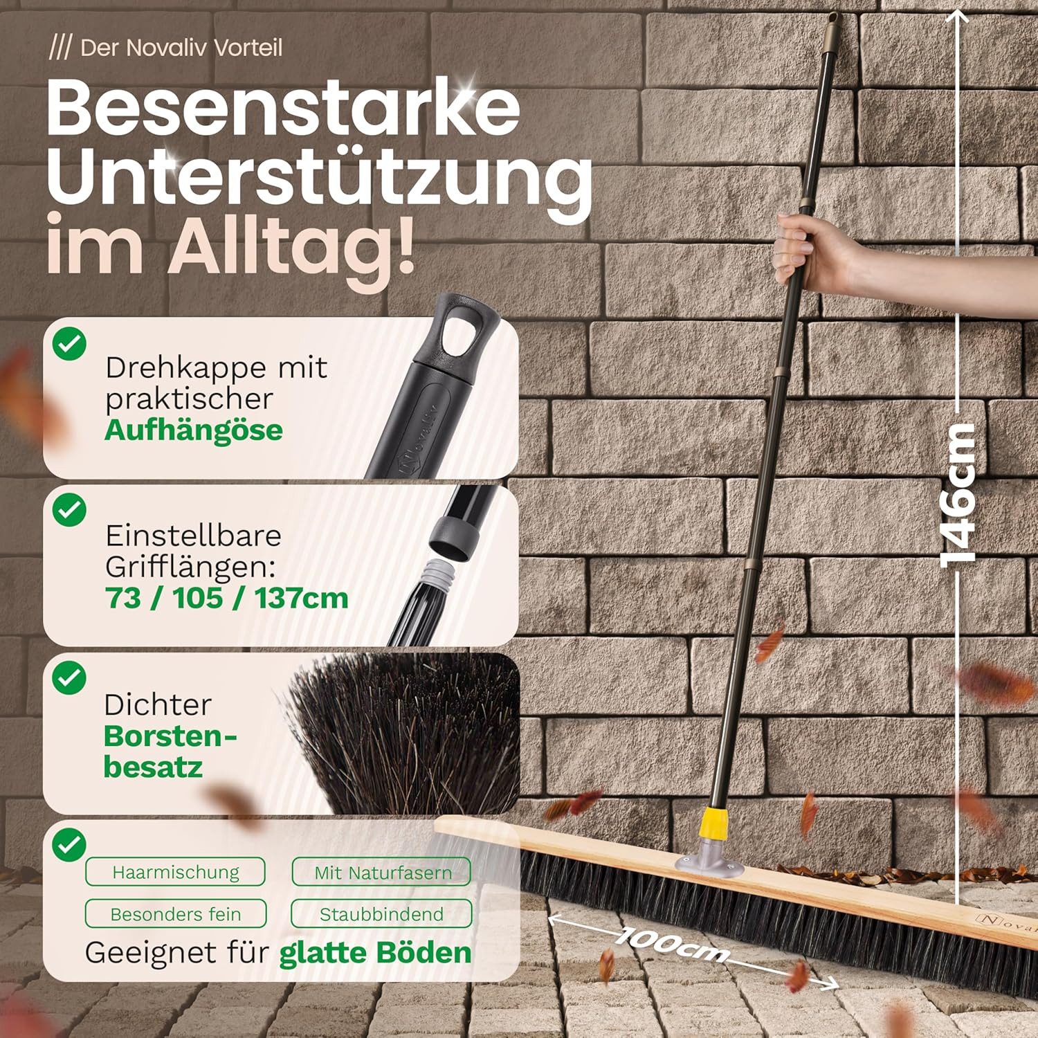 Novaliv Kehrgarnitur 21590-30656-19528-19427-1x, (1-tlg), Novaliv Großer Besen Saalbesen 80 cm mit Stiel Borsten Haarmischung Be