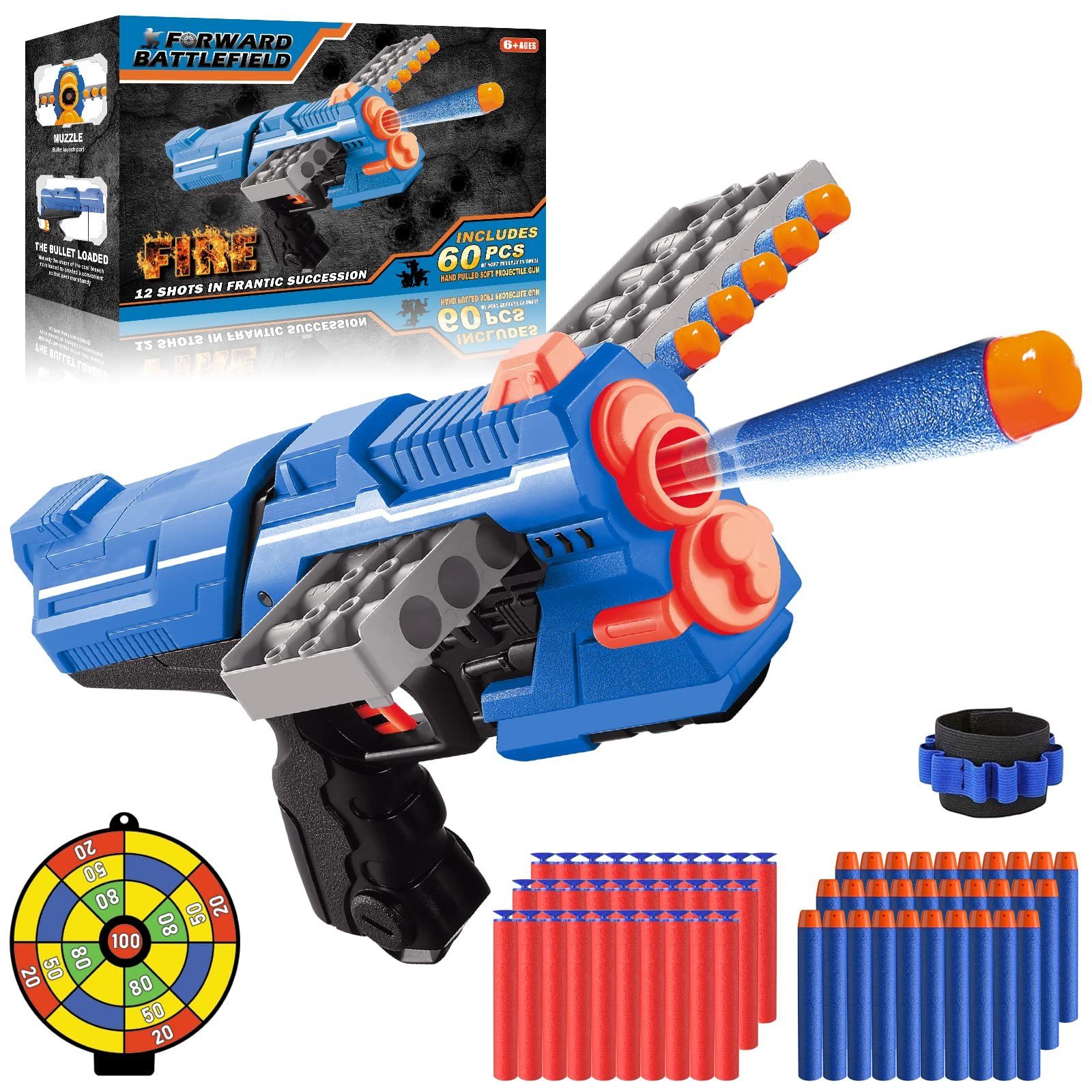 iceagle Blaster »Spielzeug Pistole für Nerf Gun Pfeilen, Kinder Pistole mit 12 Schuss Clip Magazin, 60 Schaumstoffdarts, Spielzeug Waffe mit Munition,