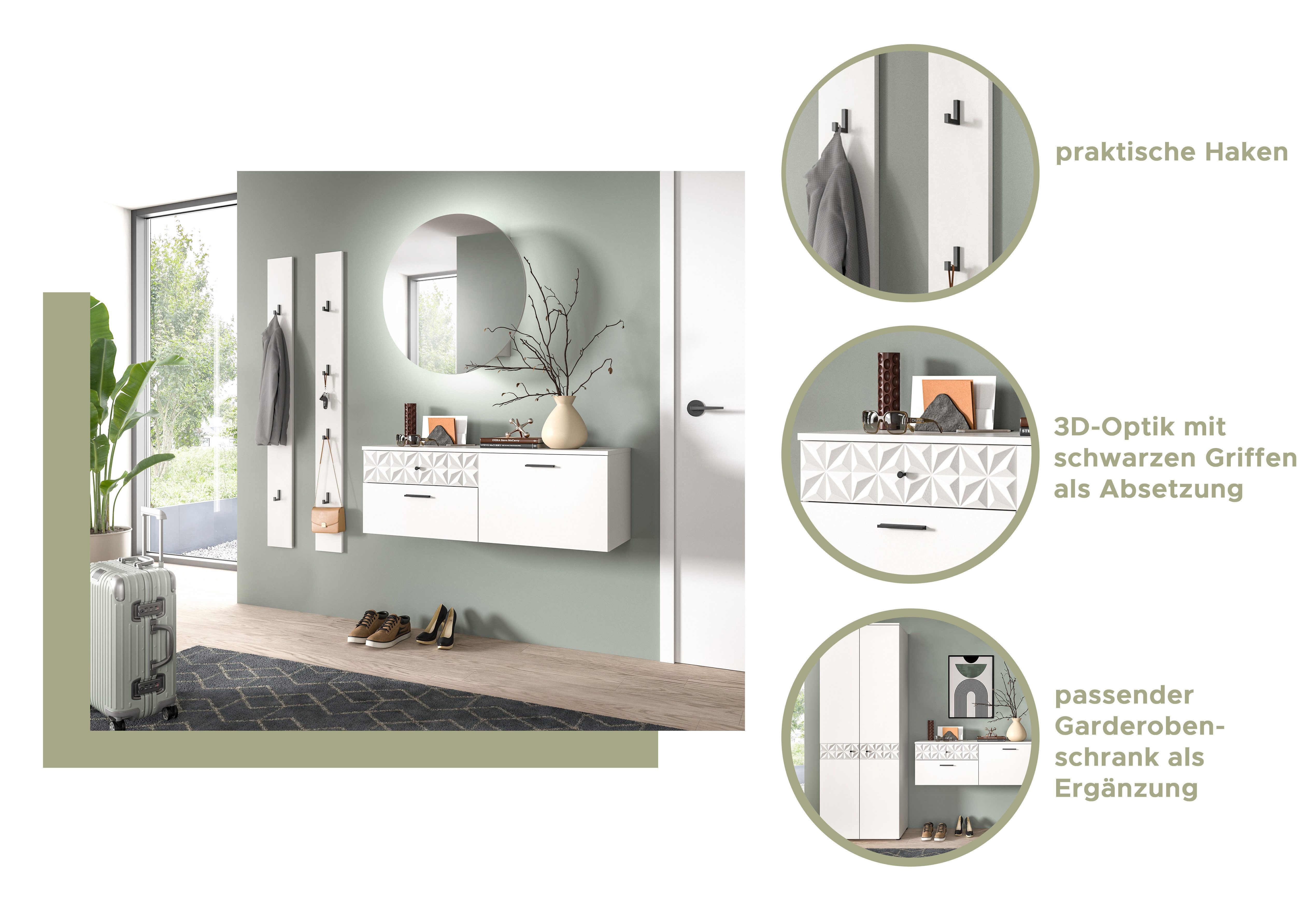 furnling Garderoben-Set Prima, (3-St., aus Wandpaneel, Schuhschrank, Spiegelschrank), ideal für den Flur, Schuhkommode, Flurschrank, Breite 141 cm