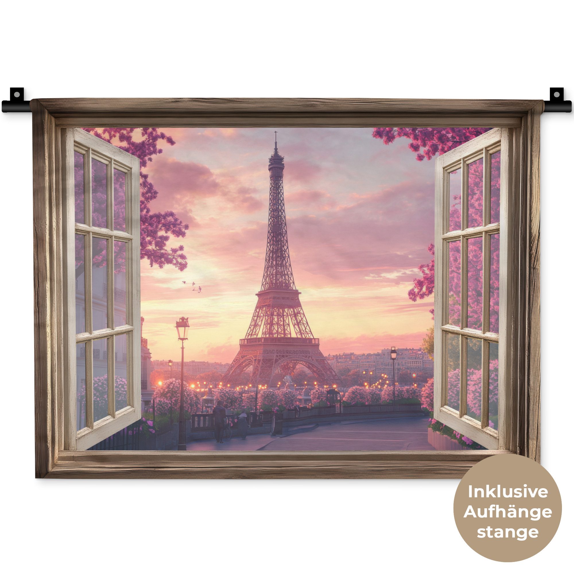MuchoWow Wandteppich Durchsichtig - Paris - Eiffelturm - Rosa - Kirschblüte, Rechteckig, Höhe: 3 mm, Wanddeko Teppich Wohnzimmer, Schlafzimmer, 60x45 cm