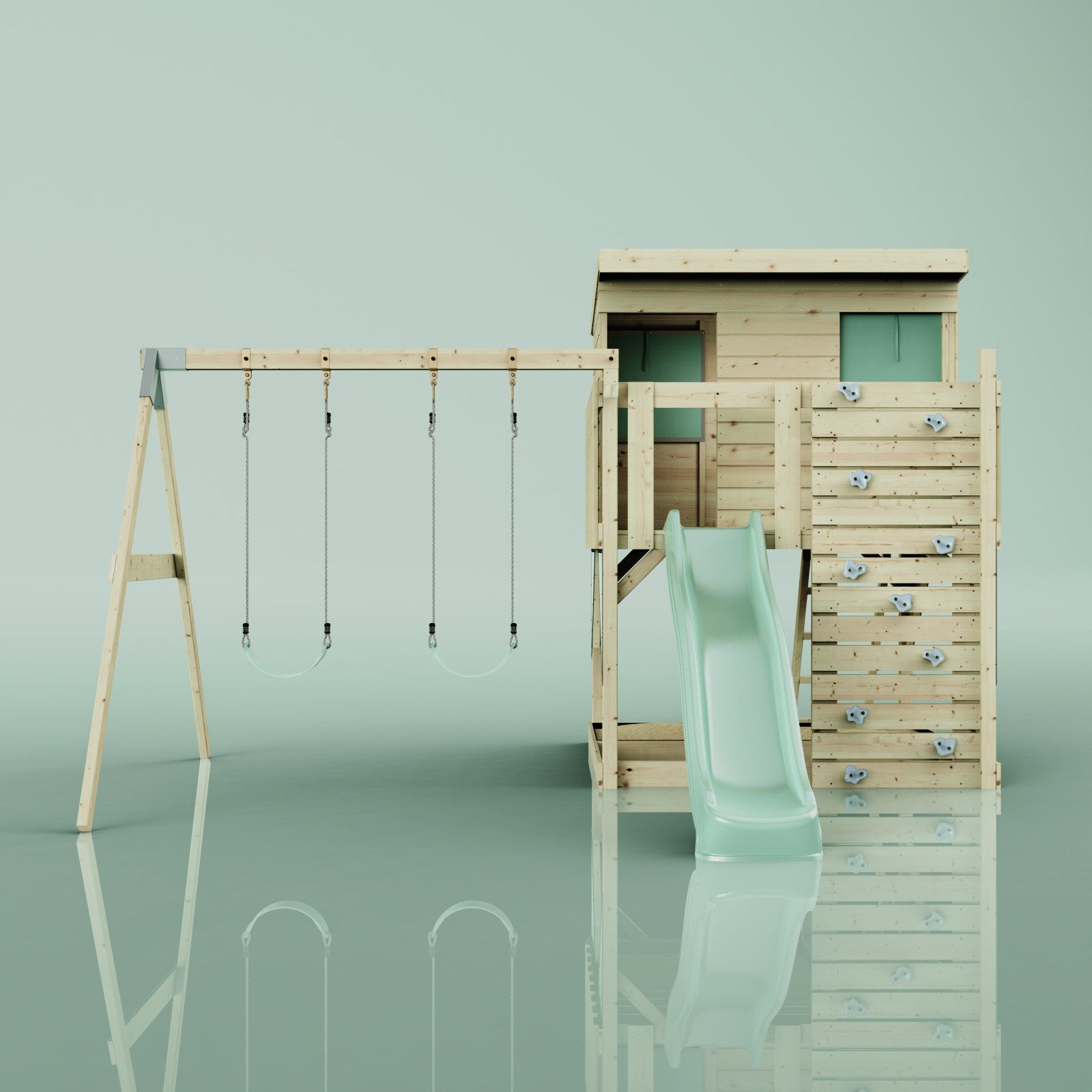 OutdoorToys Spielturm Nils, aus Holz in Mintgrün mit Kinderschaukel & Rutsche, Kletterwand