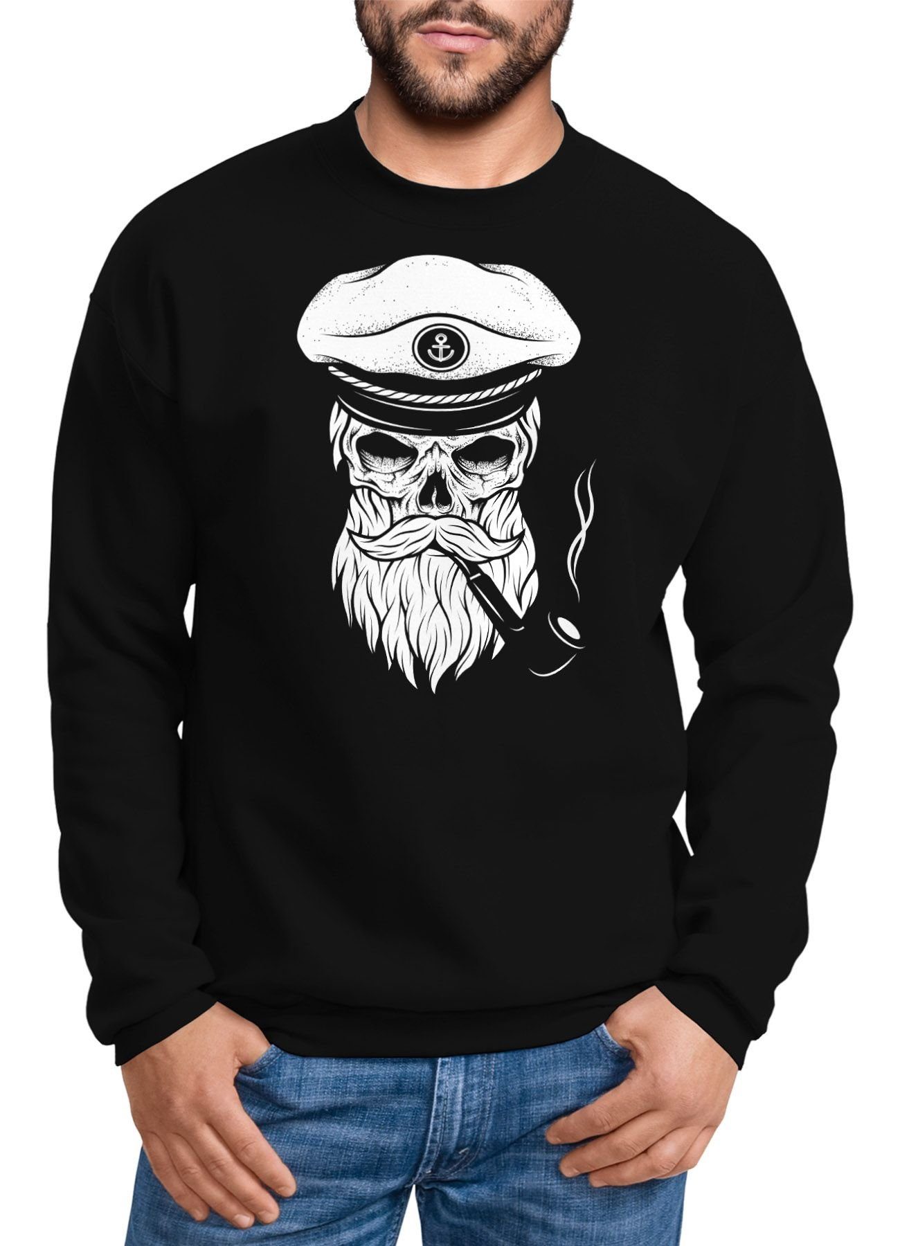 Neverless Sweatshirt Herren Sweatshirt Kapitän Pullover Seemann schwarz Skull Bard Totenkopf Neverless® Hipster Captain