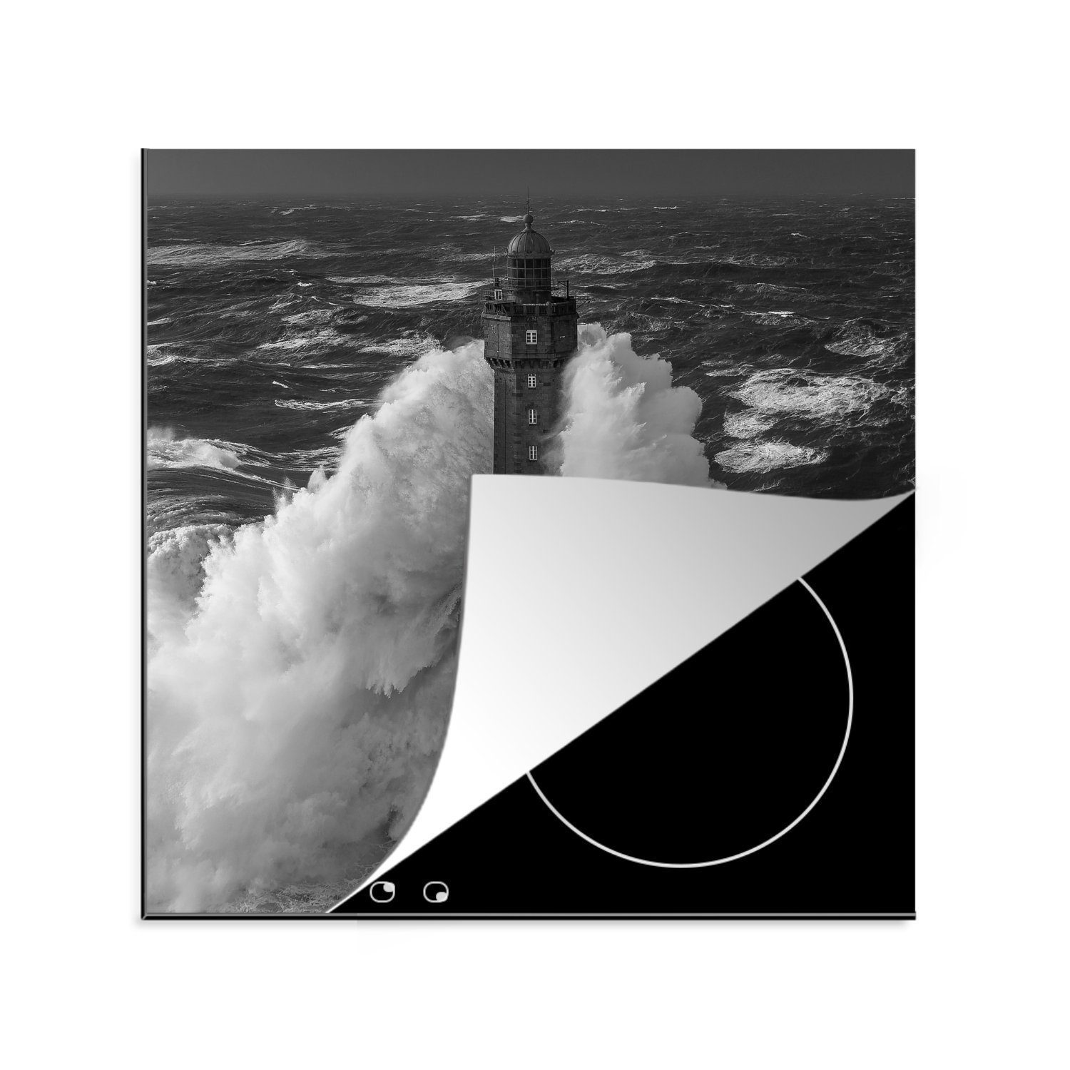 MuchoWow Herdblende-/Abdeckplatte Leuchtturm - Sturm - Schwarz, Vinyl, (1 tlg), 78x78 cm, Ceranfeldabdeckung, Arbeitsplatte für küche