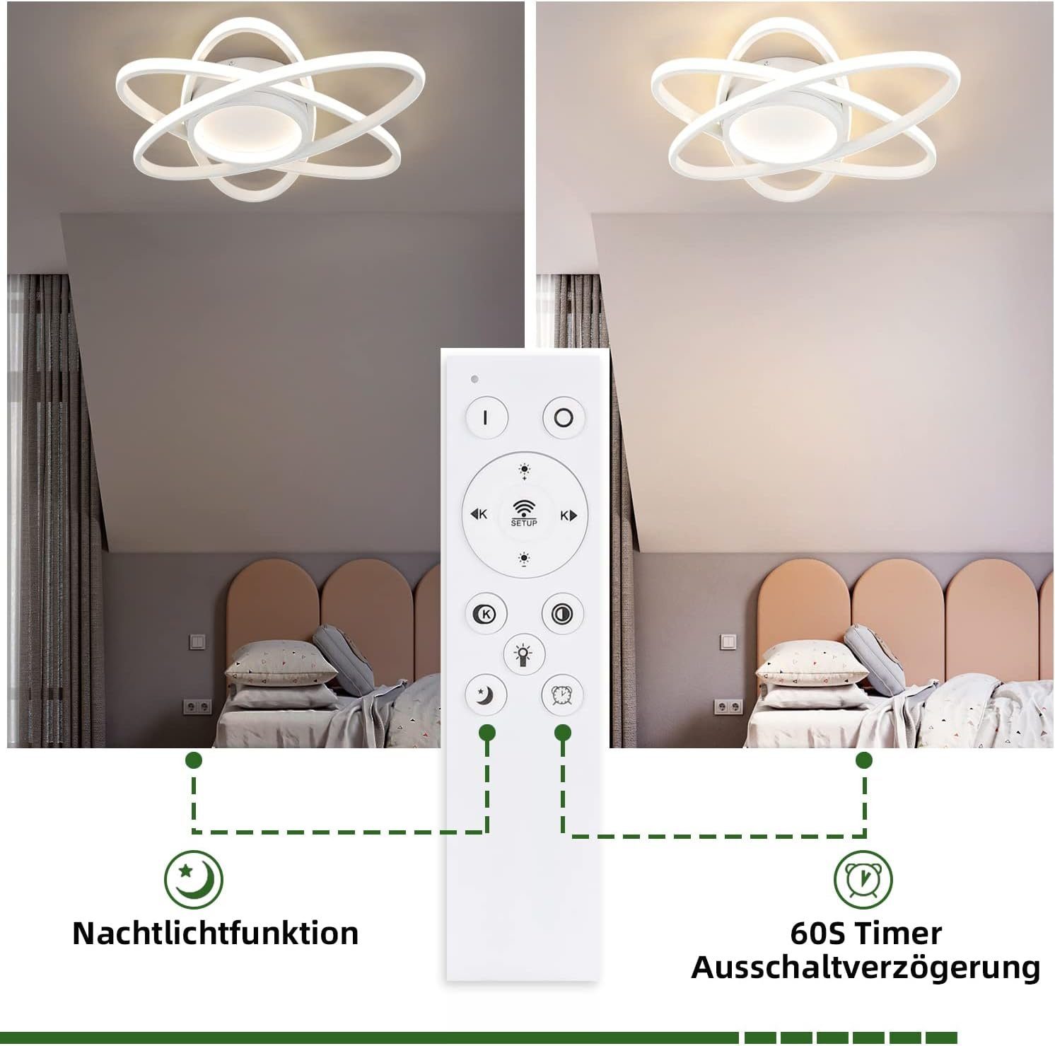 fest Dimmbar mit Modern Kaltweiß, 77W LED Schlafzimmer Küche Nettlife Deckenlampe Neutralweiß, Wohnzimmer Fernbedienung, Deckenbeleuchtung, Warmweiß, Schwarz Deckenleuchte Esszimmer LED Flur, integriert, für