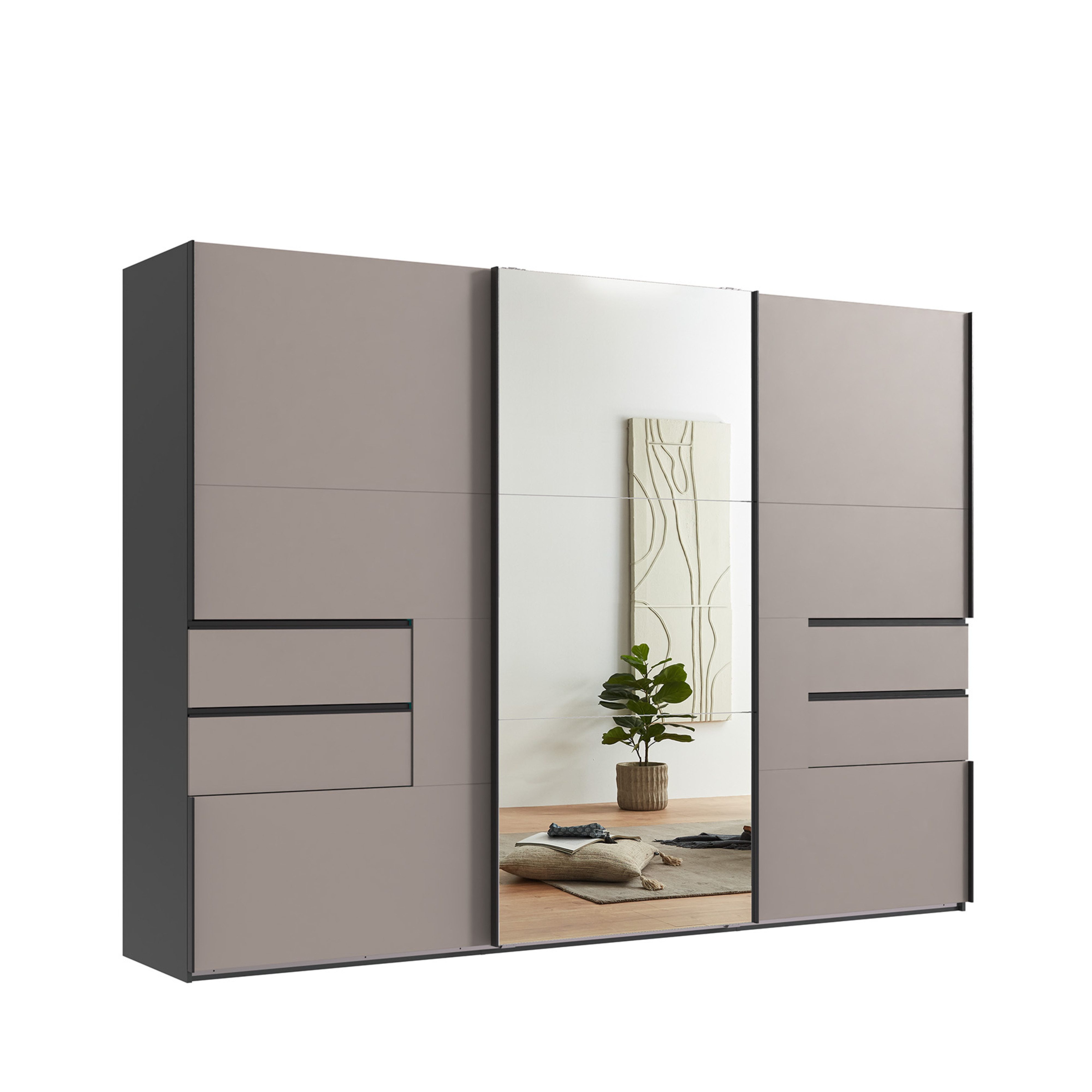 luma-home Schwebetürenschrank 22057 (B300/H216/T65 cm, schwarze Griffleisten, Kleiderschrank mit Vollausstattung u. Selbsteinzug, Korpus Grafit) Front: Spiegeltür, 2 Türen mit Ausschnitt und Schubladen in Sandgrau