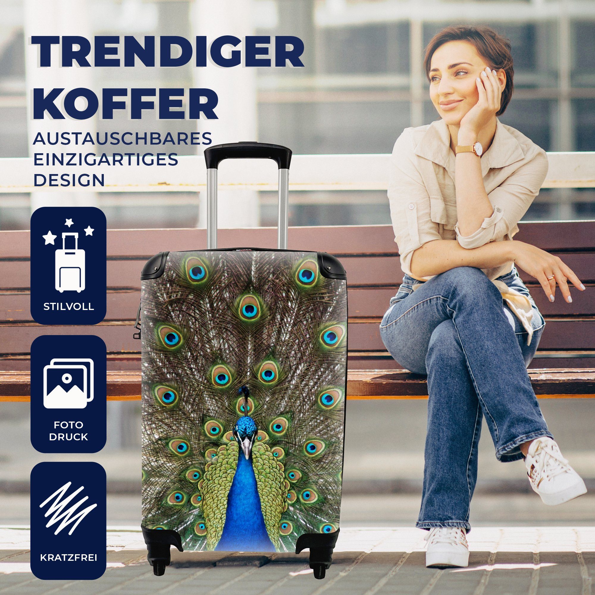 - Reisetasche 4 Trolley, rollen, Rollen, - MuchoWow für Ferien, Farben Federn, Reisekoffer mit Pfau Handgepäckkoffer Handgepäck
