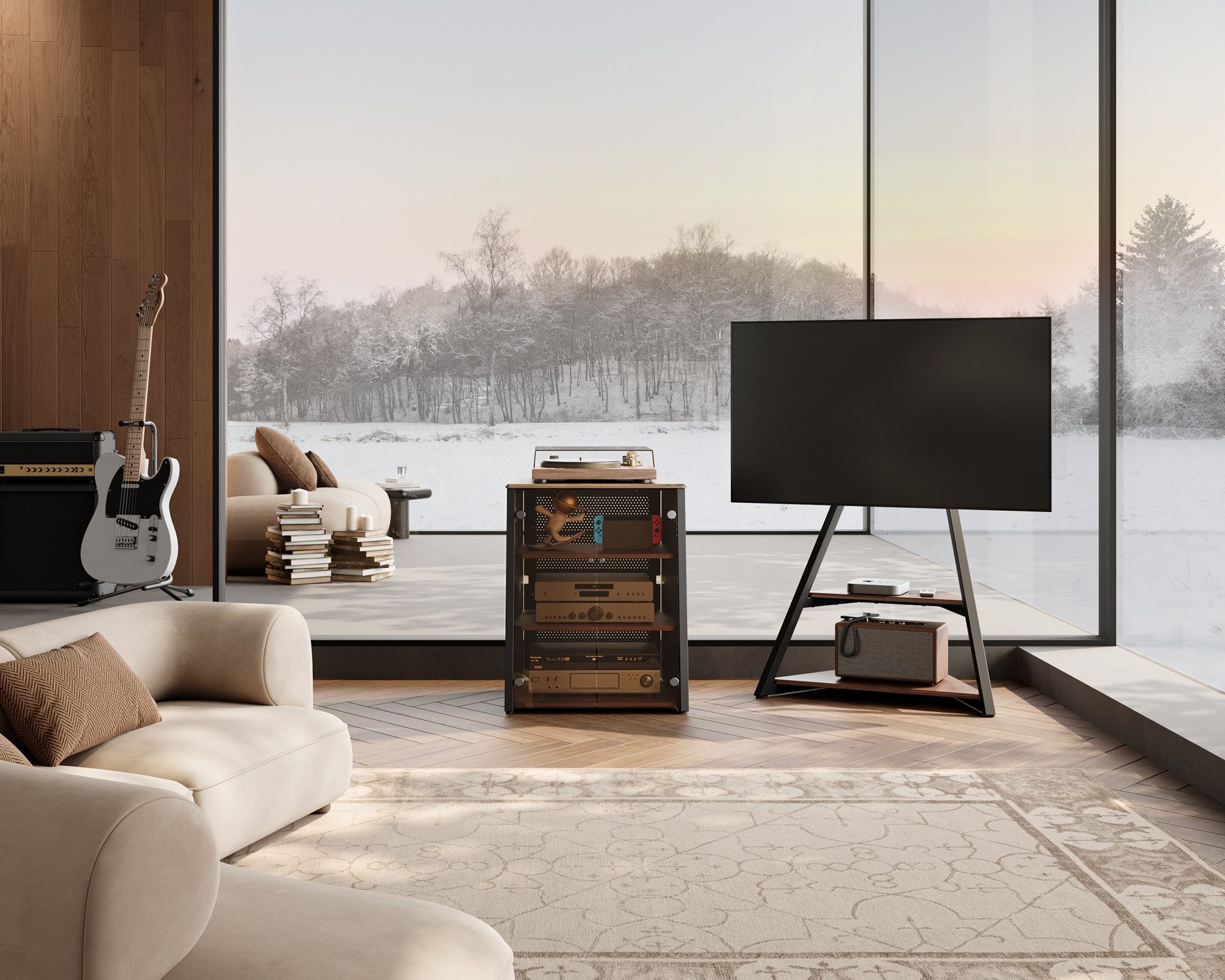 FITUEYES TV-Ständer HIFI-Rack mit verstellbaren Einlegeböden, Glastüren, (mit belüfteter Metall-Rückwand) – Bild 4 von 5
