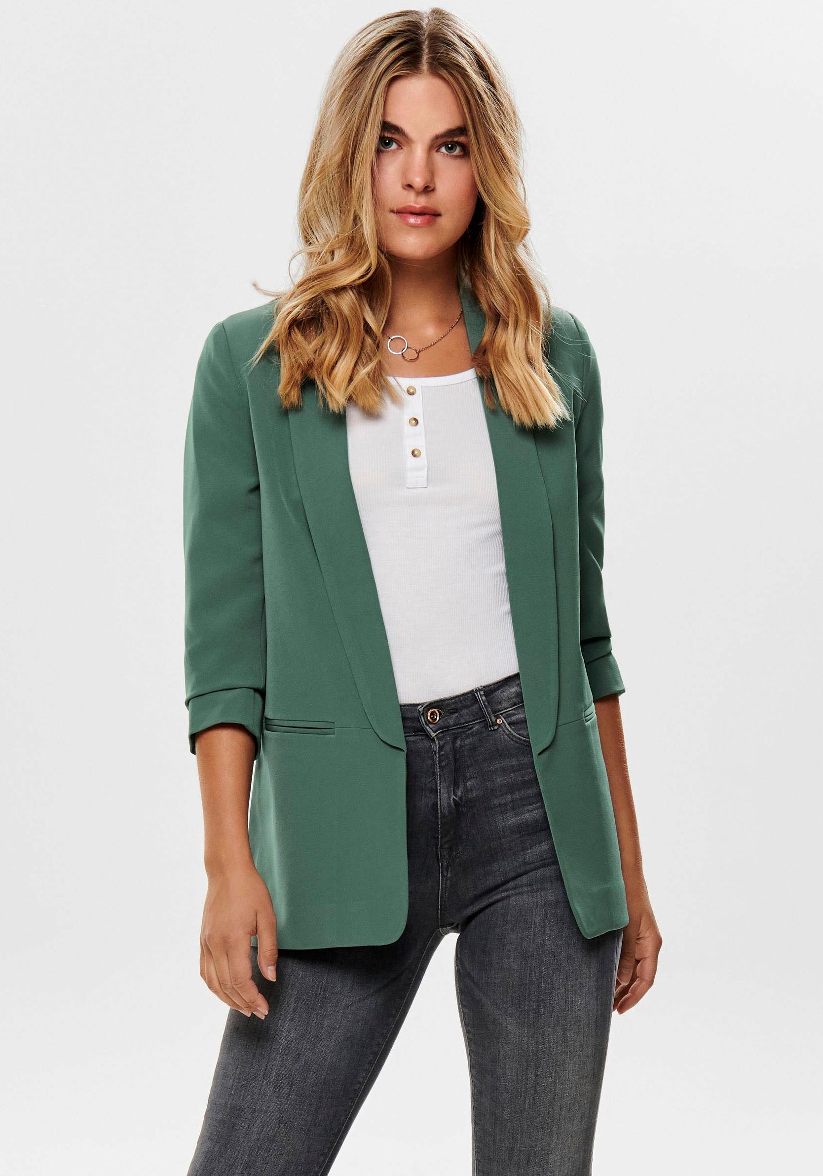 ONLY Kurzblazer ONLELLA – Femininer Blazer mit 3/4-Ärmeln und Raffung regular fit, casual, Web, Kunstfaser, V-Ausschnitt. Reduzierter Preis € 40,99. Unverbindliche Preisempfehlung € 59,99