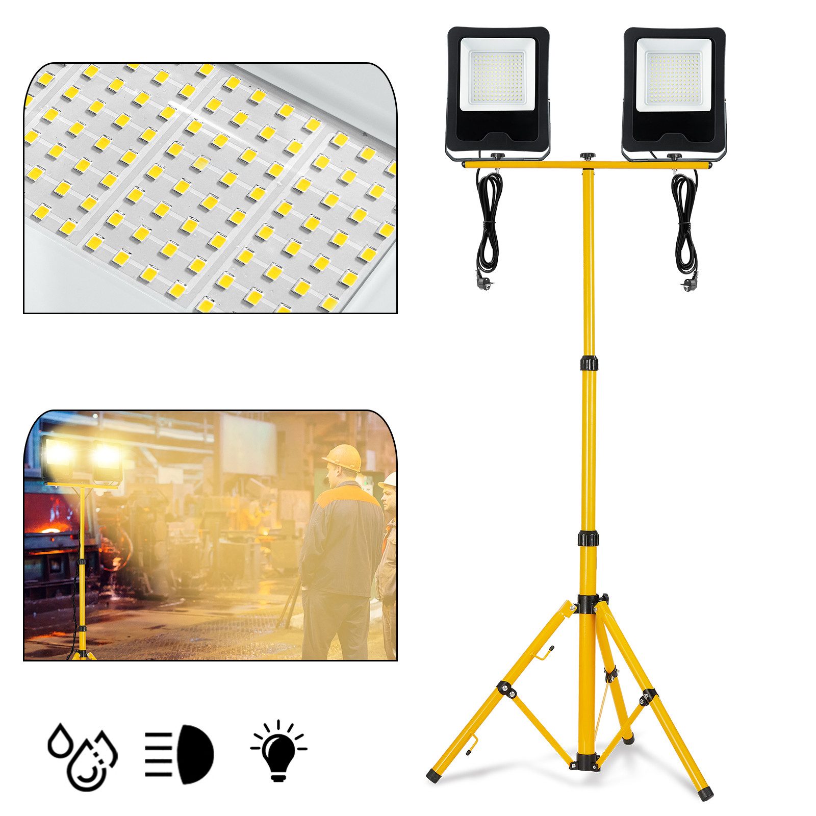 FIVMEN LED Flutlichtstrahler LED Baustrahler 2x100W LED Fluter Strahler mit Stativ und 3M Kabel, für Innen-und Außenbereich, Garage, Baustelle, Sportplatz