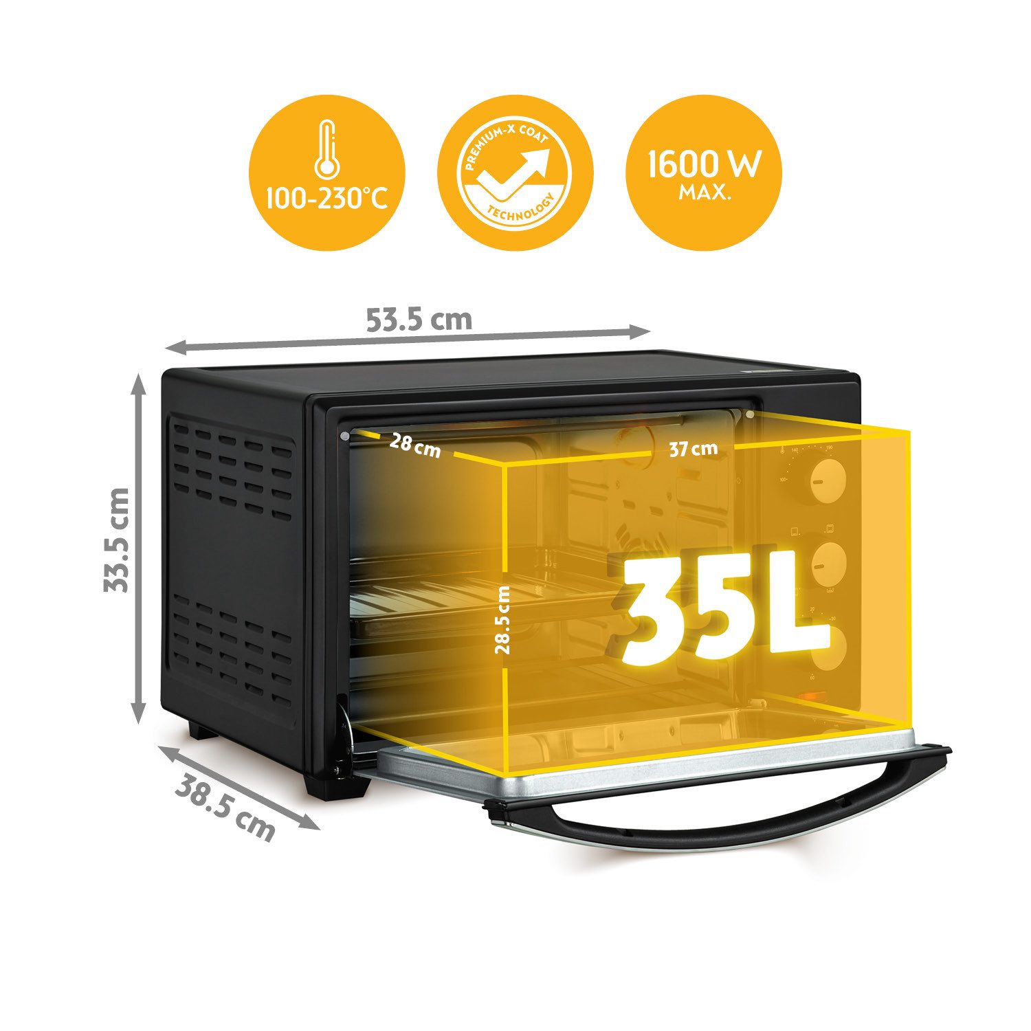 TZS FIRST AUSTRIA Minibackofen 35L 1600W, Premium-X Coating, stufenlose Temperaturregelung bis 230°C, 60 Min Timer, 3 Einschubhöhen, Doppelglastür, Umluftfunktion