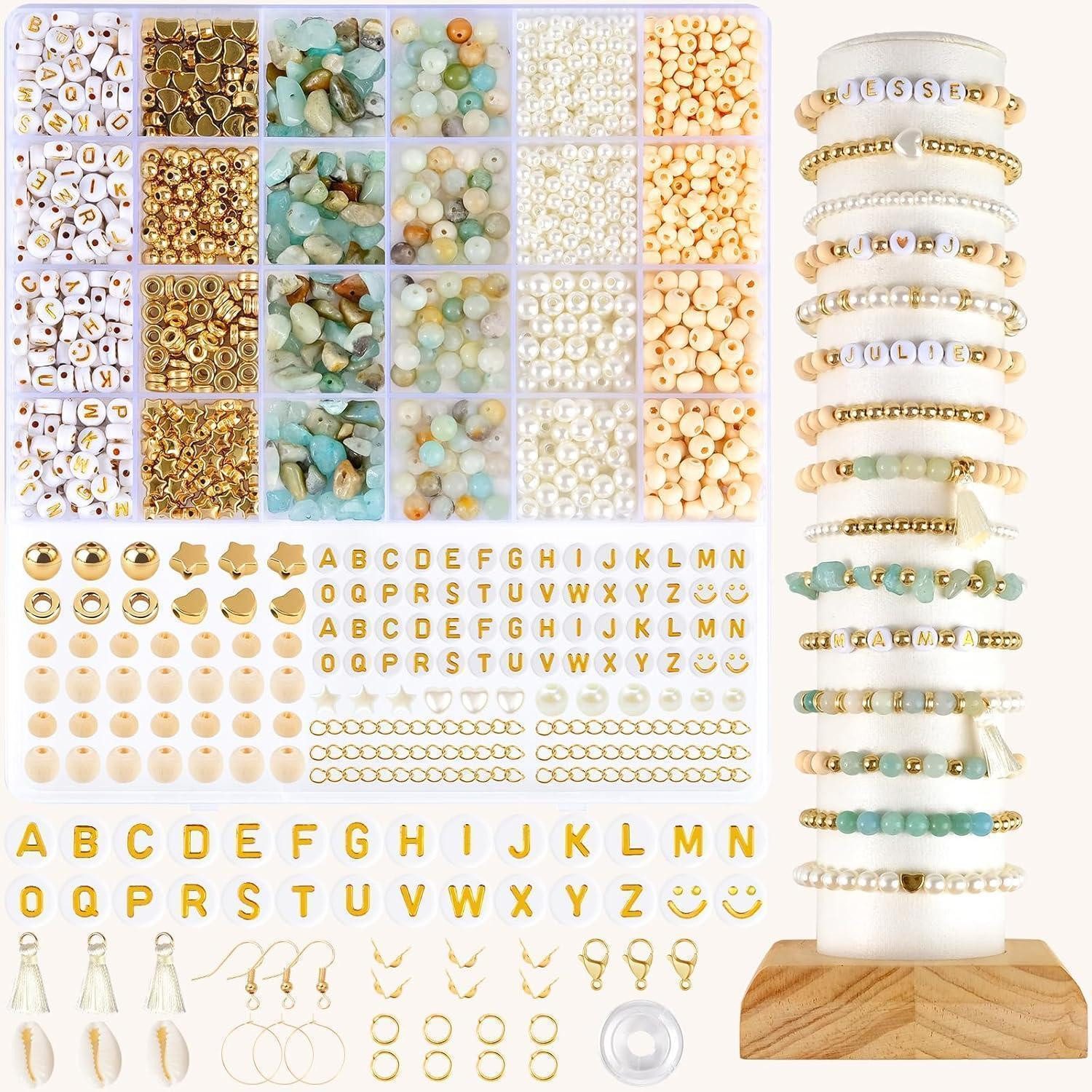 LuxusKollektion Bastelperlen Perlen Naturstein Edelstein Set Holzperlen Boho DIY Amazonit Perlen
