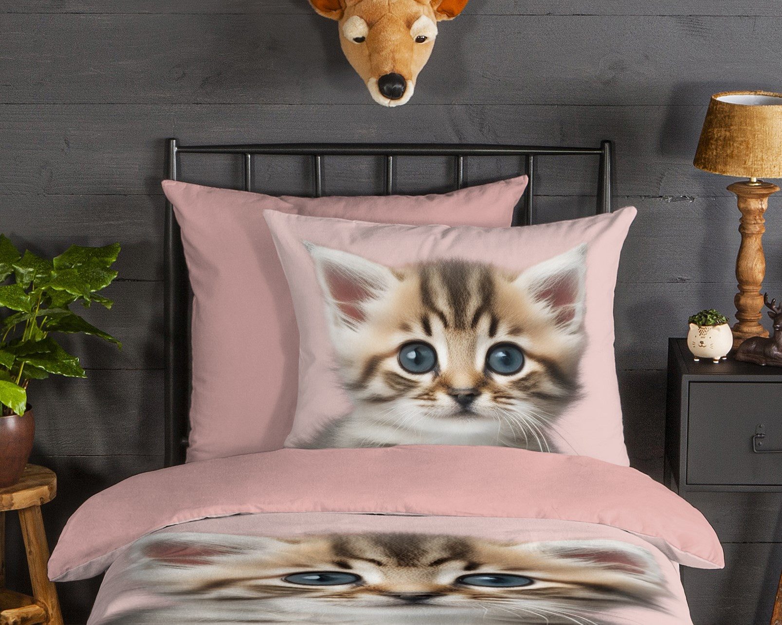 good morning Kinderbettwäsche Meow, Biber, Flanell, 2 teilig, Flanell, Biber, 135x200, Warm, Wendeoptik, Kind, Mädchen, Katze, Rosa – Bild 3 von 4
