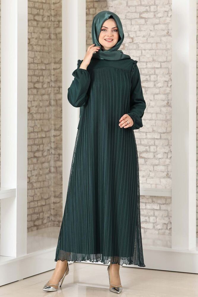 Kleid Damen mit Falten-Optik Abiye Smaragd-Grün Kleid Schulterdetail, Modavitrini Abendkleid Lady Abaya Hijab Schulterdetail