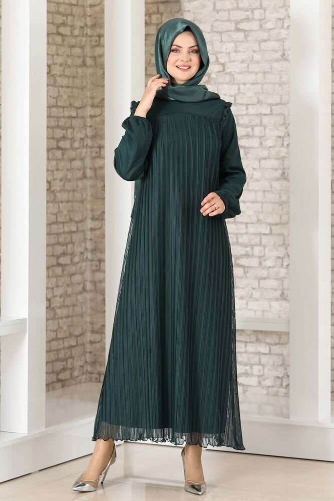 Abendkleid Hijab Kleid Lady Damen Schulterdetail Kleid Smaragd-Grün mit Abaya Abiye Modavitrini Schulterdetail, Falten-Optik