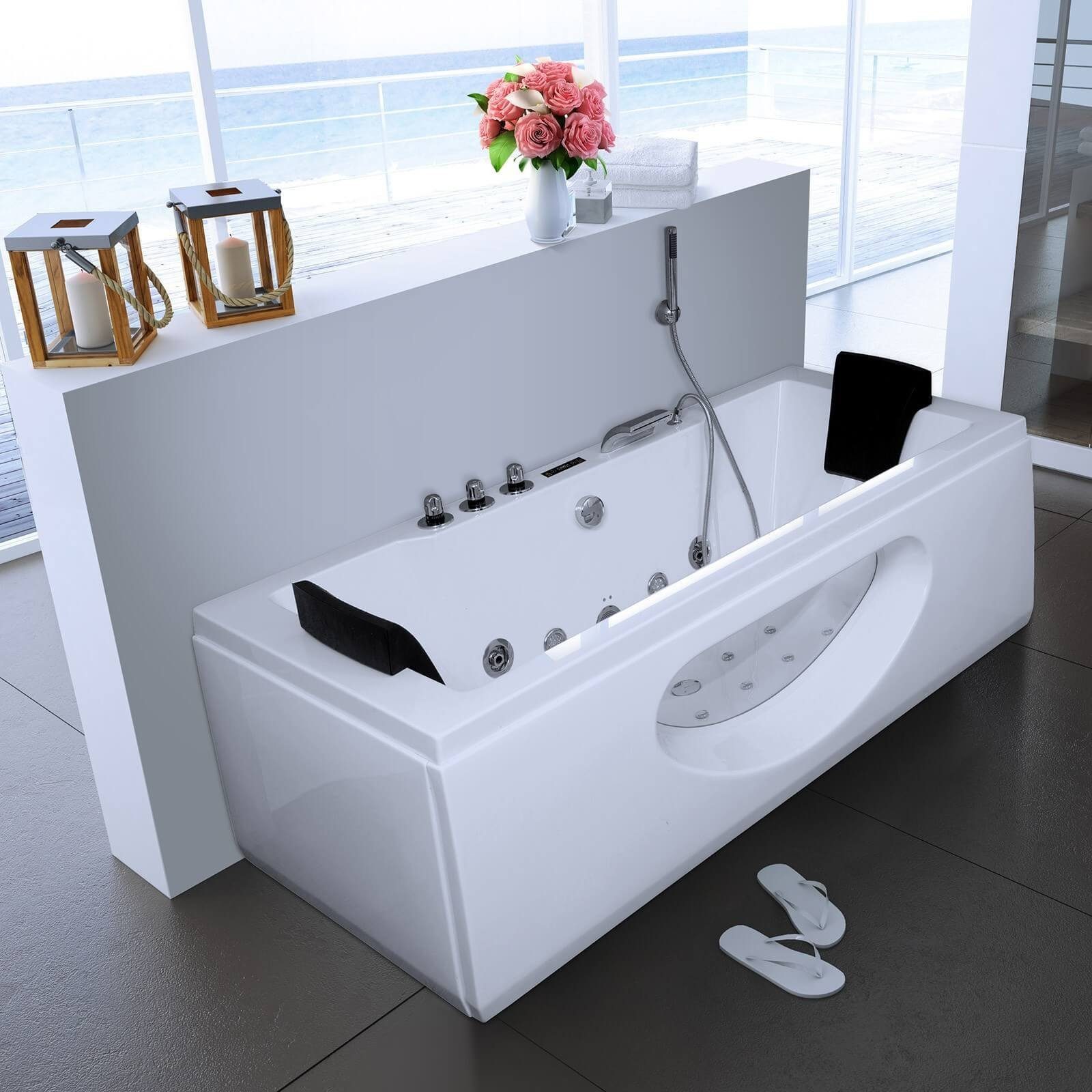 HOME DELUXE Whirlpool-Badewanne LAGUNA - M 180 x 90 x 55 cm, mit verstärktem ABS-Sanitäracryl, Inkl. Lichttherapie, Heizung, Radio