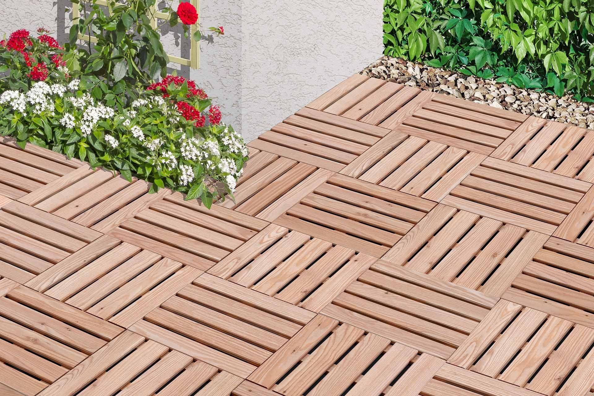 Mega-Holz Terrassenplatte Holzfliese Lärche 40x40 cm 6 Stk. - ca. 1 m² Bodenfliesen aus Holz, Holz 40x40, Sparset, Gartenweg aus Lärchenholz Natürlich und Rutschfest