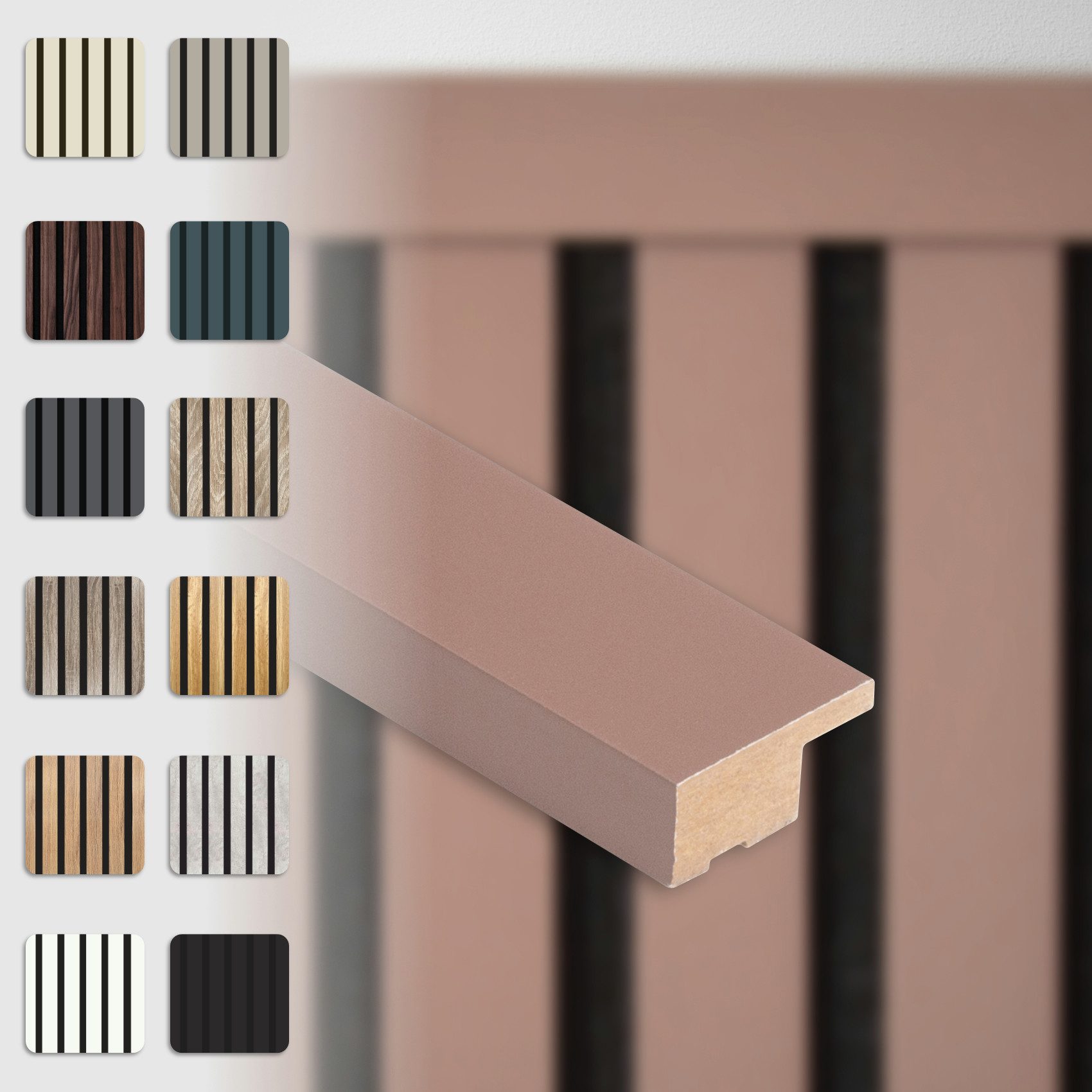 Hexim Wanddekoobjekt APAH03 (Abschlussleiste 137,5x2,7cm passend für unsere Akustikpaneele - flexible Lamellenwand Holz MDF Wandpanelee Lamellenverkleidung Wandverkleidung (1 Abschlussleiste Mauve - APAH03)
