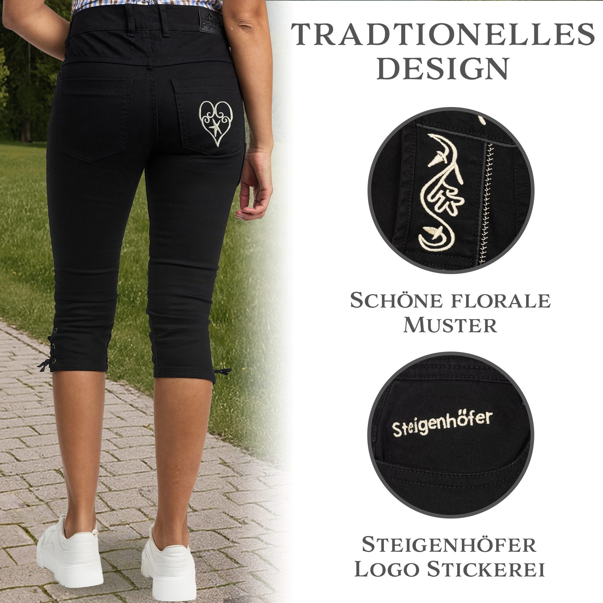 Steigenhöfer Manufaktur Trachtenjeans im Lederhosen Look - Damen Shorts - Stretch für Komfort - Capri Jeans Traditionelles Design - Ideal für Oktoberfest usw. - auch als 3/4 Hose