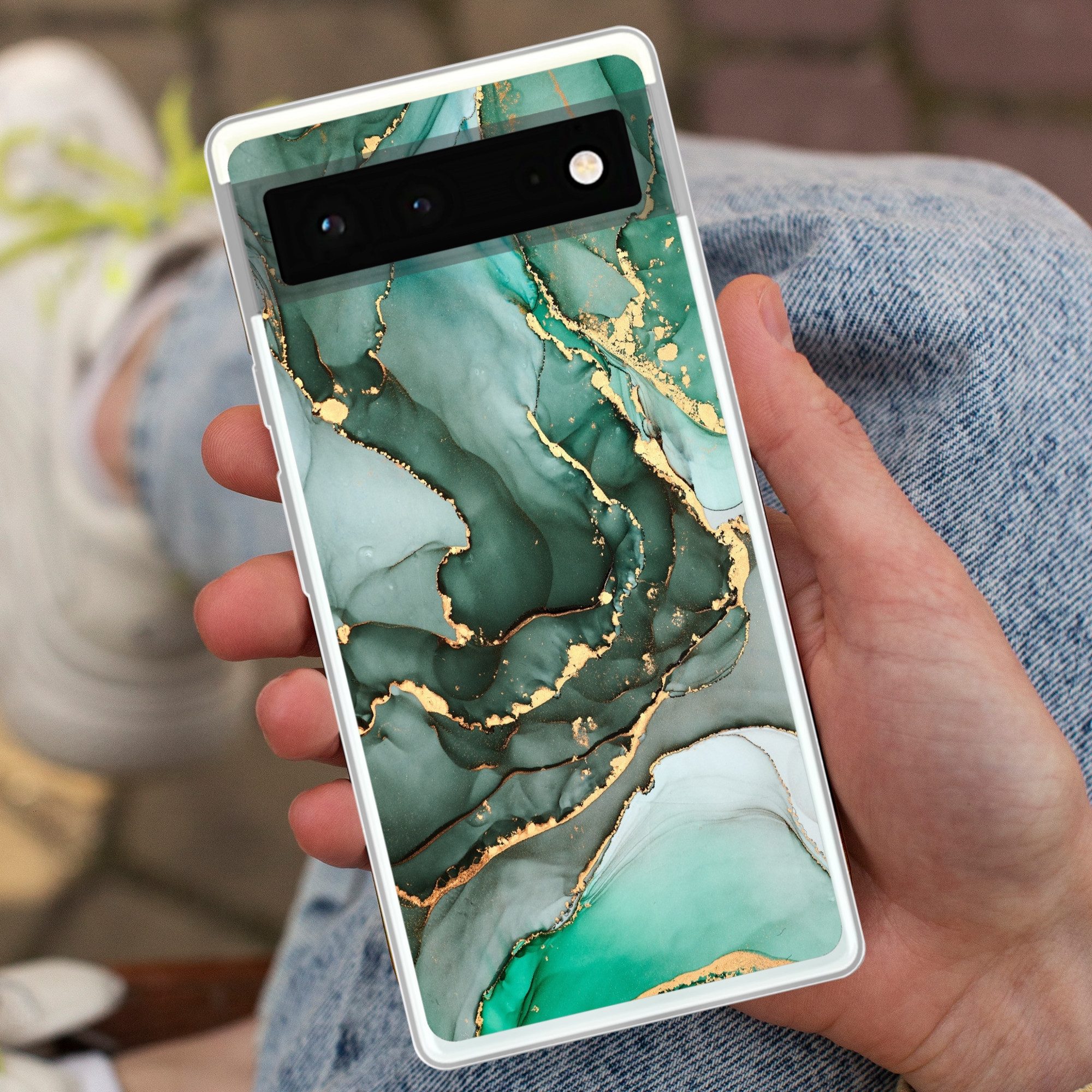 MuchoWow Handyhülle für Google Pixel 6 Gold - Marmor - Grün - Luxus - Marmoroptik - Grau, Handy Case, Silikon, Bumper Case Dünn