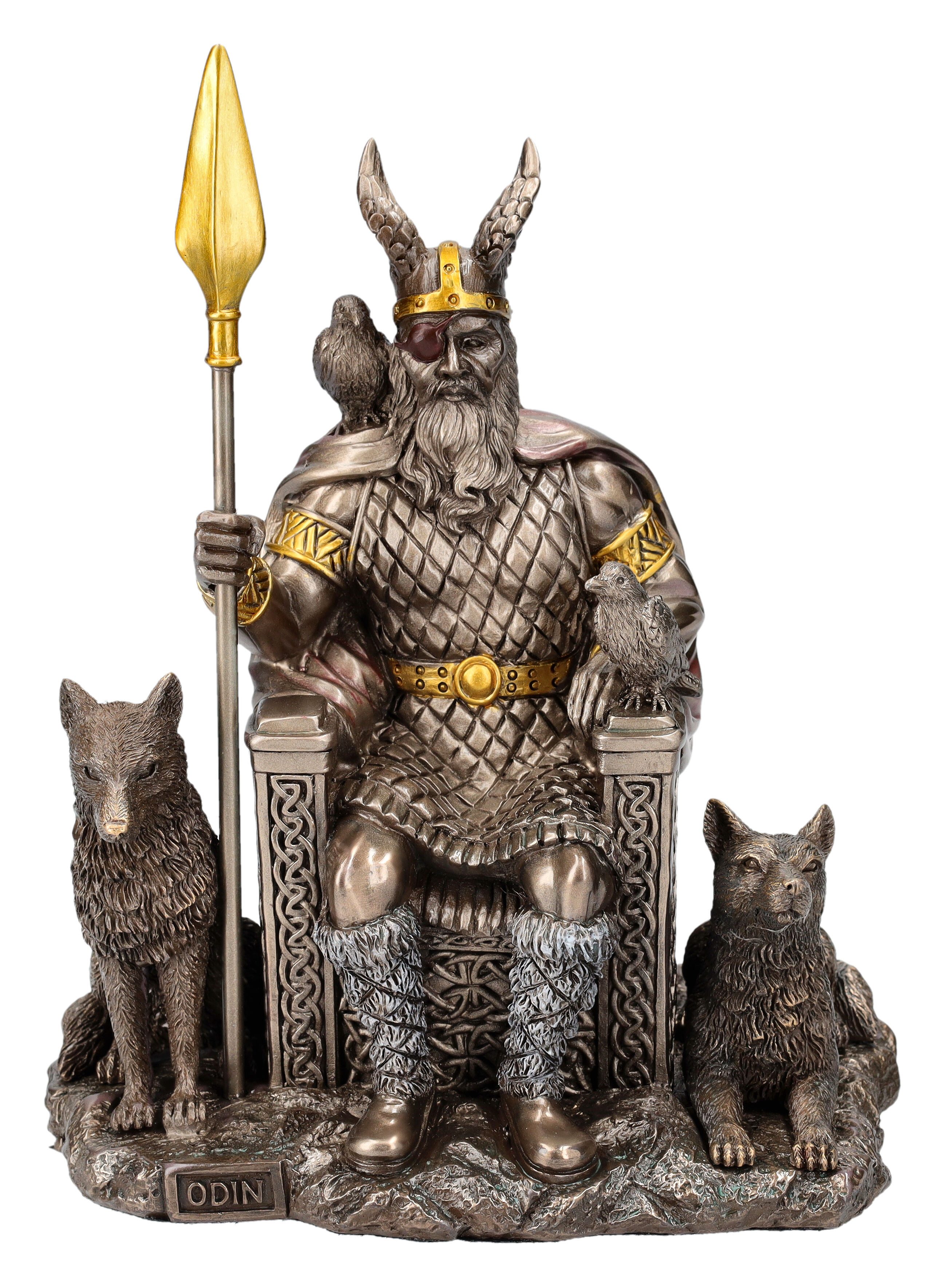 Figuren Shop GmbH Dekofigur Odin Figur auf Thron mit Wölfen und Raben Mythologie Götterfigur Deko