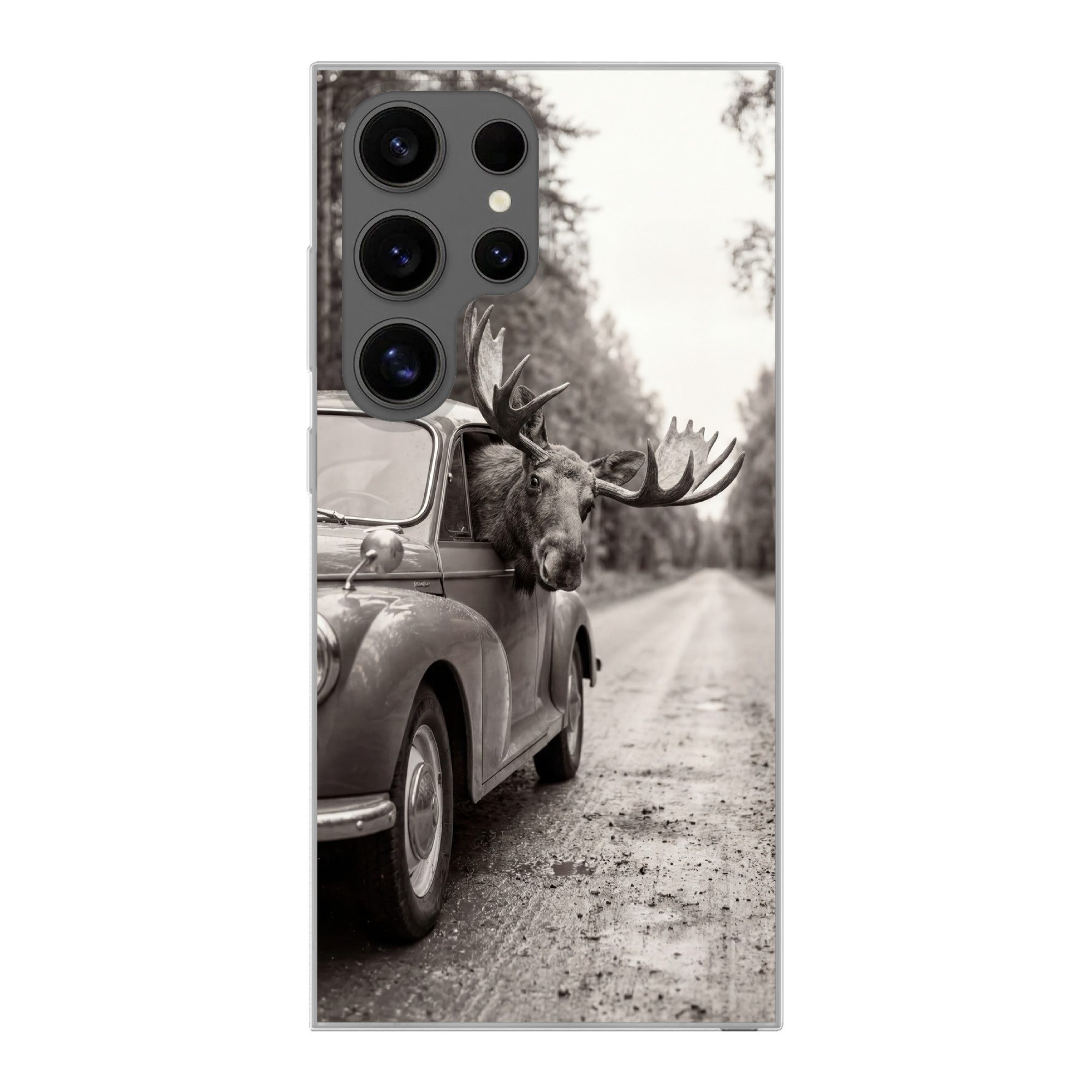 MuchoWow Handyhülle für Samsung Galaxy S24 Ultra Elch - Auto - Geweih - Schwarz - Weiß, Phone Case, Silikon, Schutzhülle Dünn