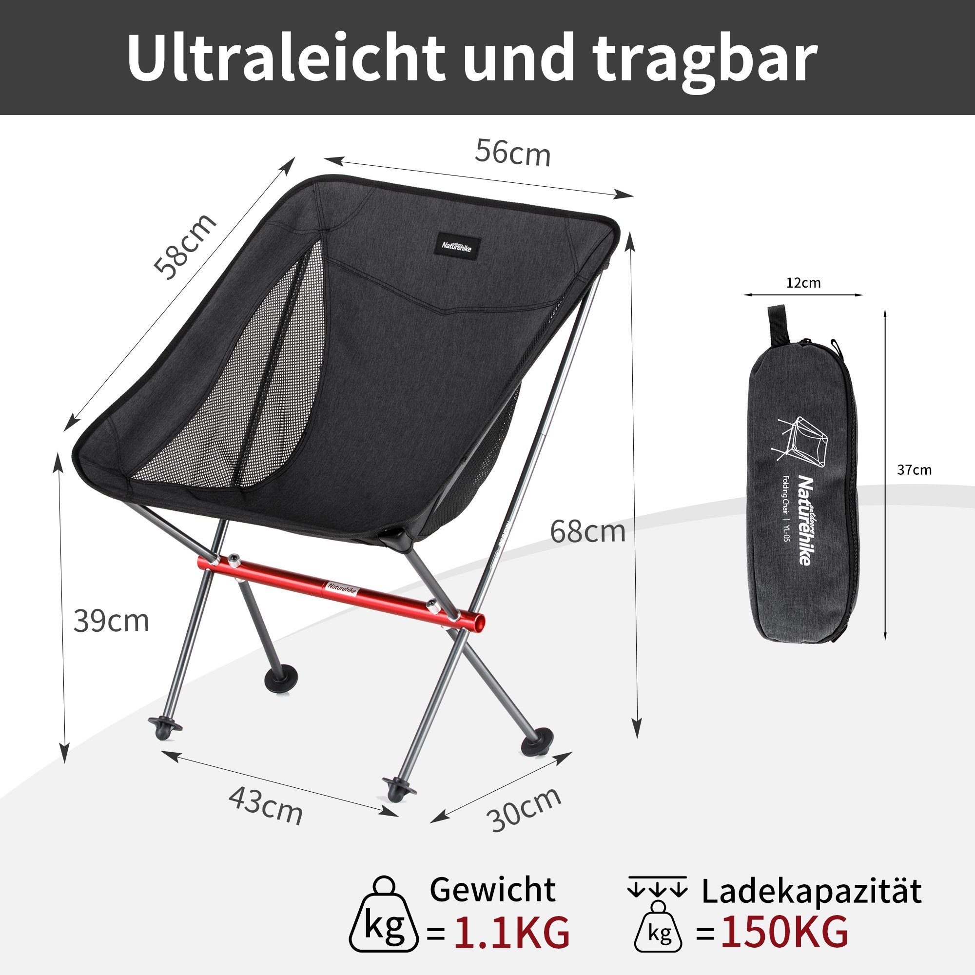Naturehike Campingstuhl Ultraleicht Demontage Schwarz und Montage, Schnelle 68×43×30cm Klappstuhl