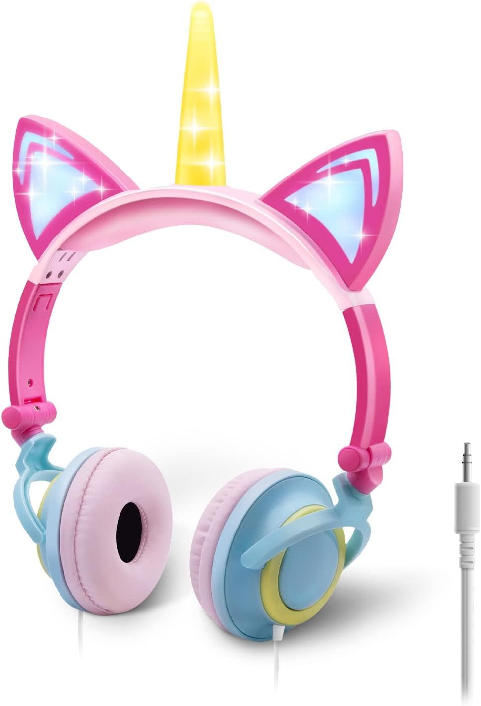 ONTA Einhornhorn, An- und Ausschalter Kinder-Kopfhörer (Das universelle 3,5 mm Audio-Kabel ermöglicht vielseitigen Einsatz, Verwendung umweltfreundlicher Materialien, Leuchtenden LED-Katzenohren,Größenverstellbare optimalen Kopfkomfort)