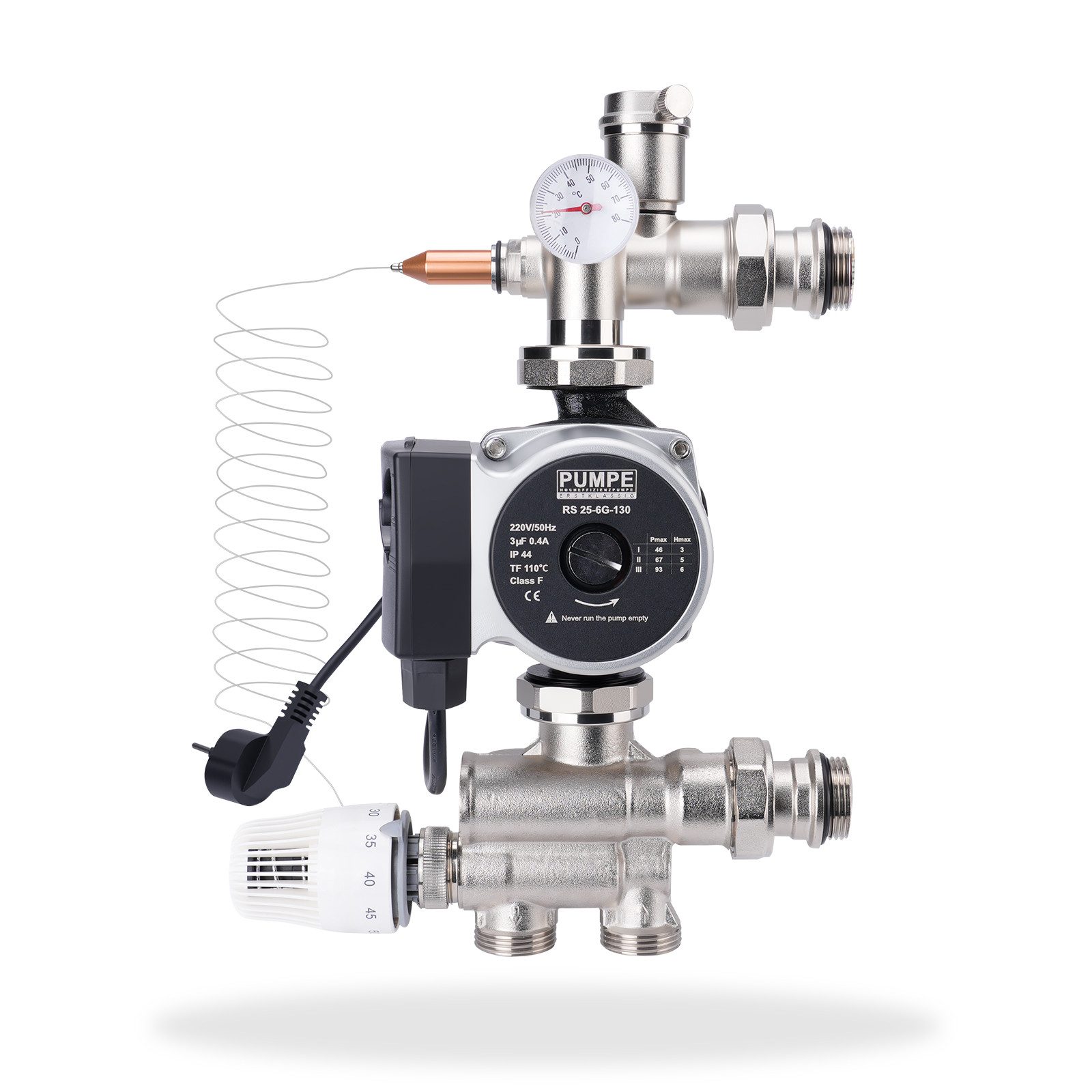 XERSEK Heizkreisverteiler Festwertregelset für Fußbodenheizung, Festwertregelung Wärmeverteiler (3-stufig Umwälzpumpe Max. Förderh. 6m & 93W, 20–60 °C, Ausz.210-235 mm), Heizkreis-Mischgruppe Mischventil Kompatibel mit Zentralheizungen