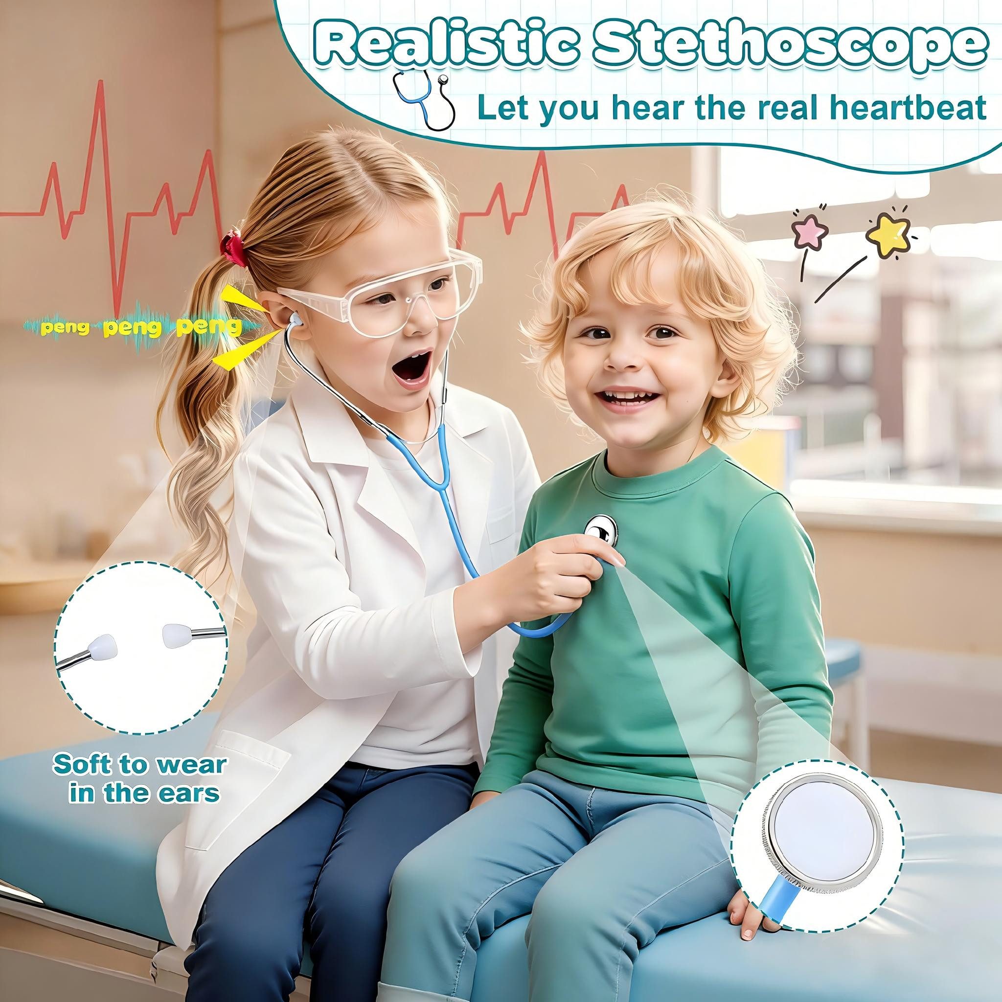 POPOLIC Spielzeug-Arztkoffer 39-teiliges Holzspielzeug Doktorkoffer, Arztkoffer Kinder ab 3 Jahre, (39-tlg., Mit Echtem Stethoskop Role Play Arztkittel Spielzeug 3 Jahre), mit Thermometer Tragbarem Beutel Geschenk für ab 3 4 5 6