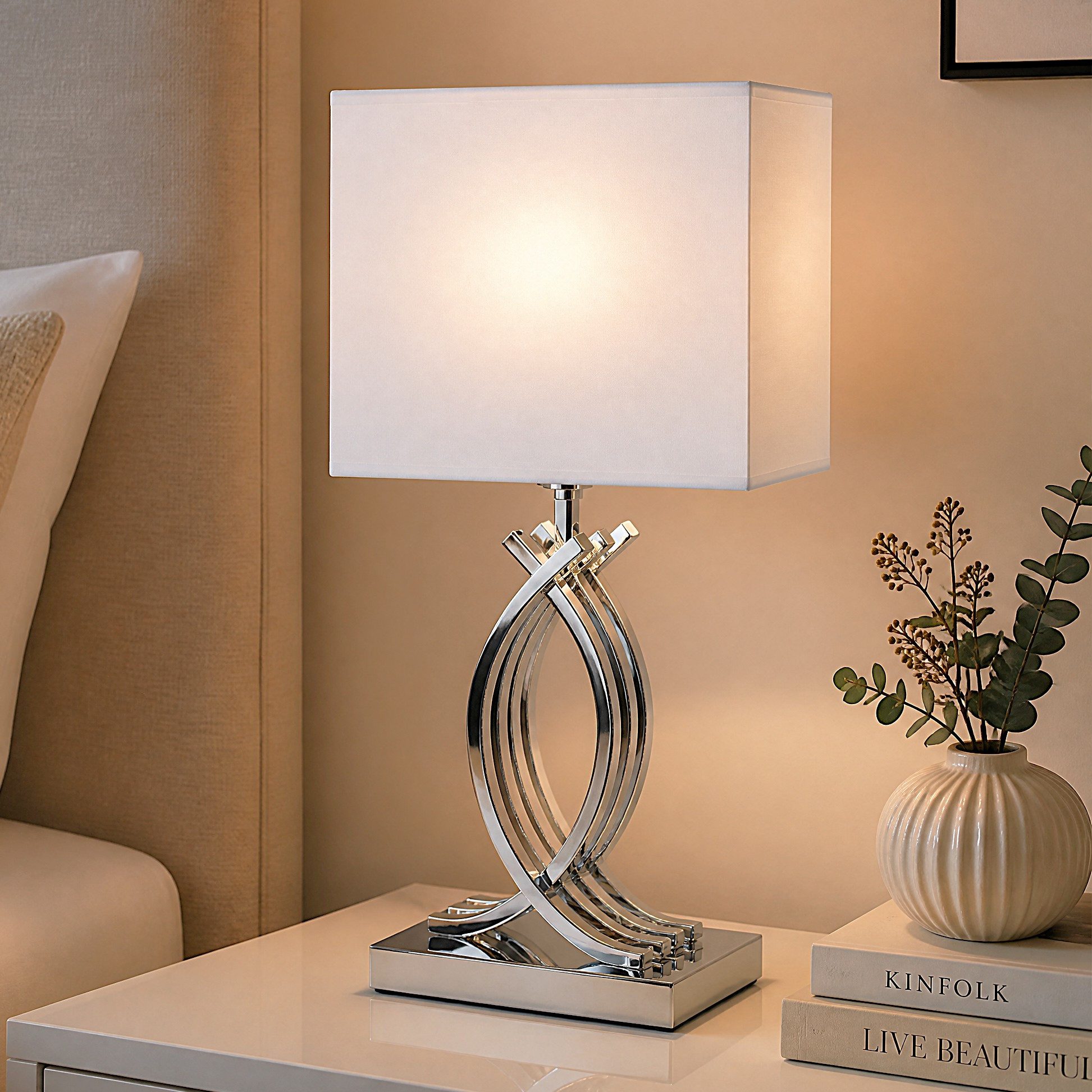 Arnusa Tischleuchte Moderne Tischlampe 50 cm chrom farben silber Nachttischlampe, ohne Leuchtmittel, mit Stoffschrim in weiß