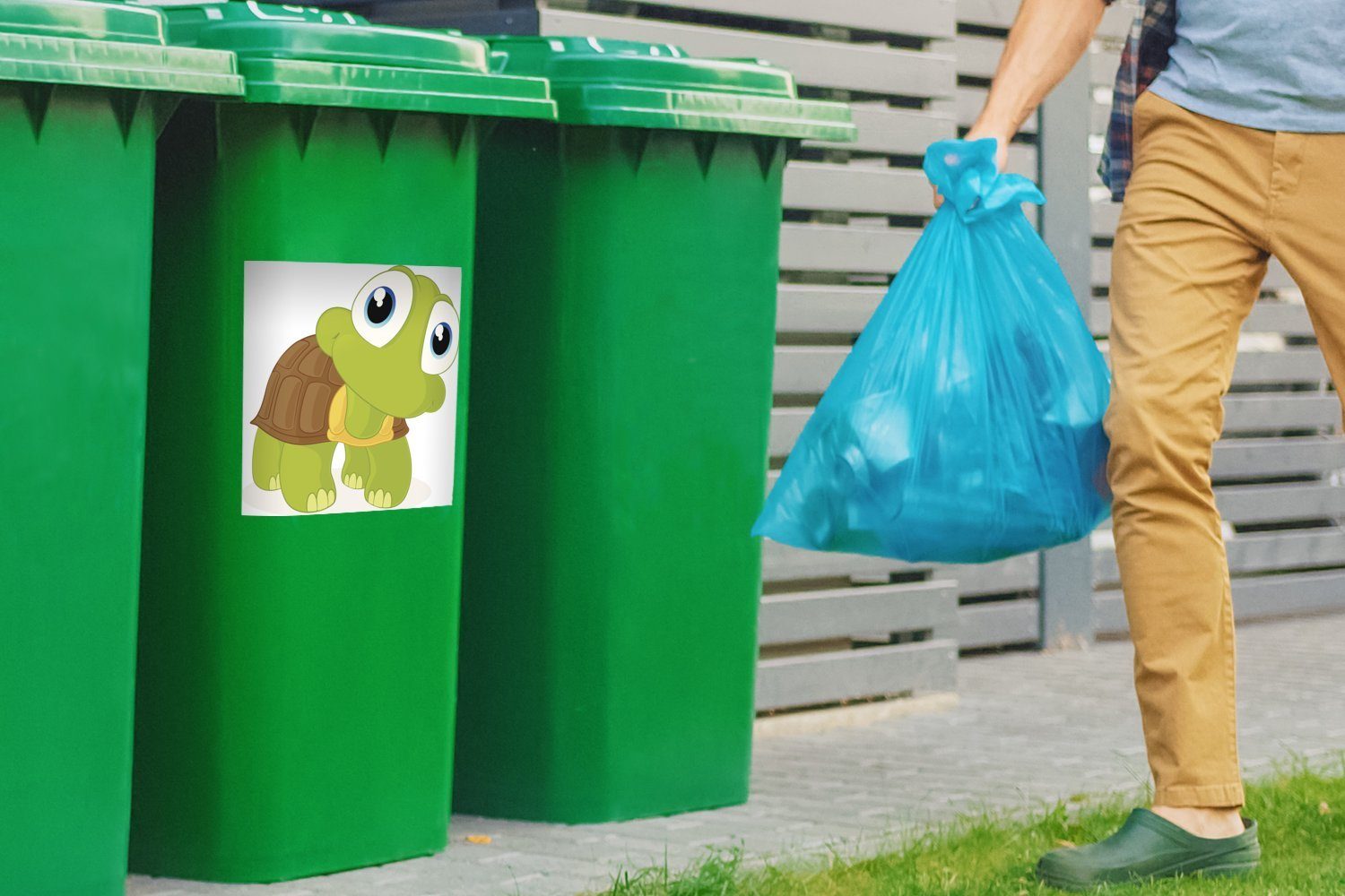 vorne Wandsticker Illustration schaut einer Abfalbehälter die Mülleimer-aufkleber, Mülltonne, Container, Sticker, St), (1 Schildkröte, nach grünen MuchoWow