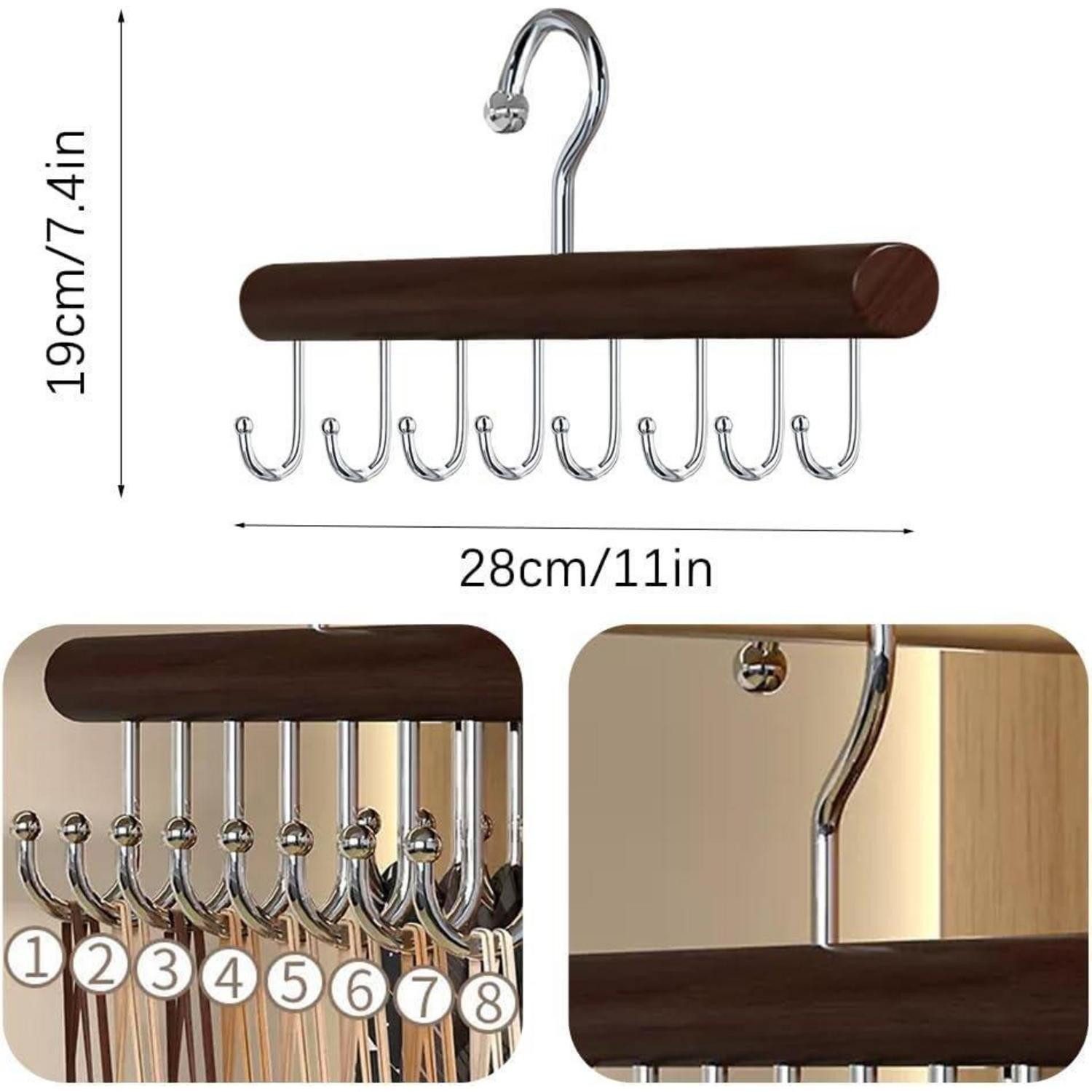LuxusKollektion Krawattenhalter Gürtelhalter Holz 2er Set 8 Haken Dunkler Kleiderbügel aus Holz