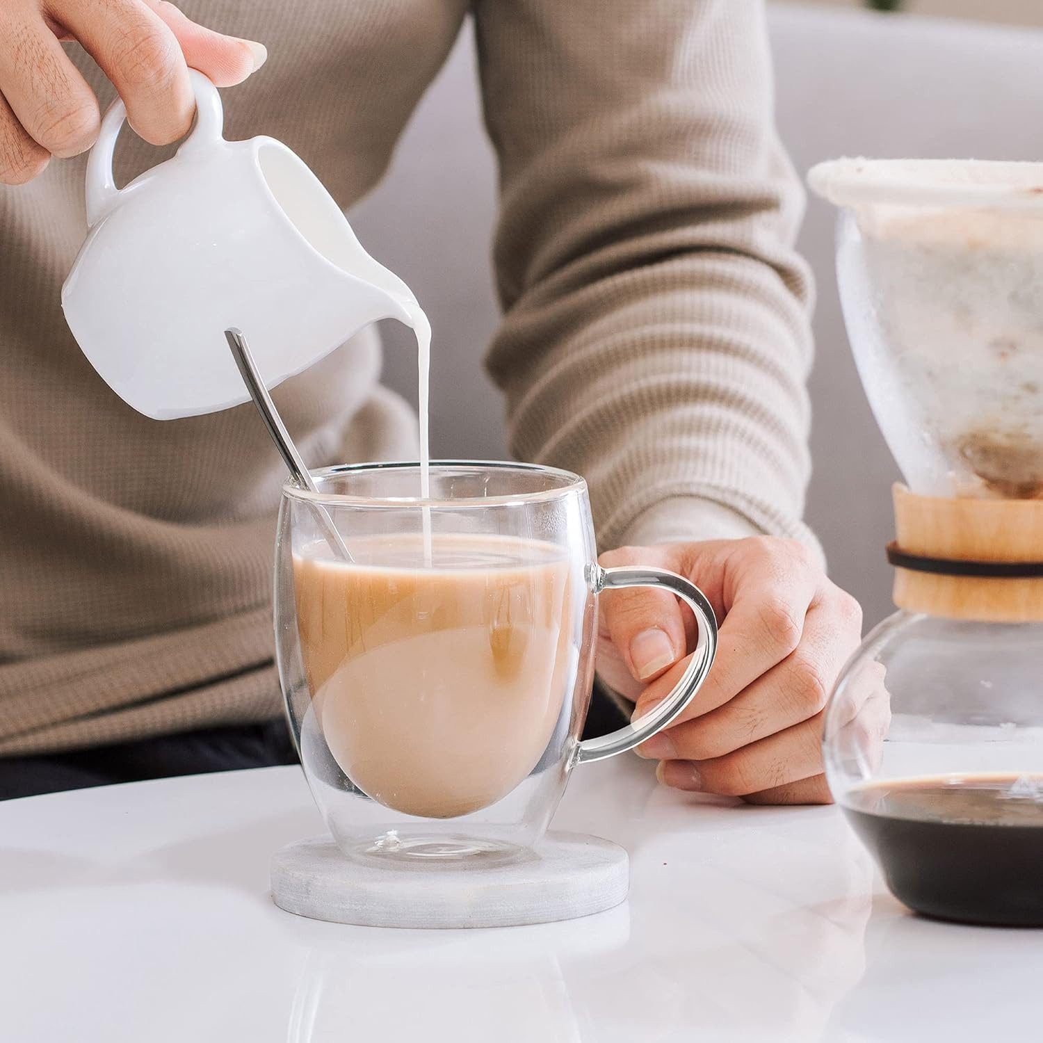 LIBWYS Thermotasse Doppelwandige Kaffeetassen aus Glas 6x350 ml mit Griff und Löffel, Glas, Doppelwandige Kaffeetassen aus Glas mit Griff und Löffeln im Set