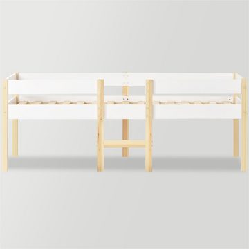 XDeer Kinderbett Jugendbett Rausfallschutz Kiefer Vollholz 90x200 cm Weiß Eiche, Kinderbett für Mädchen und Jungen aus massivem Kiefernholz