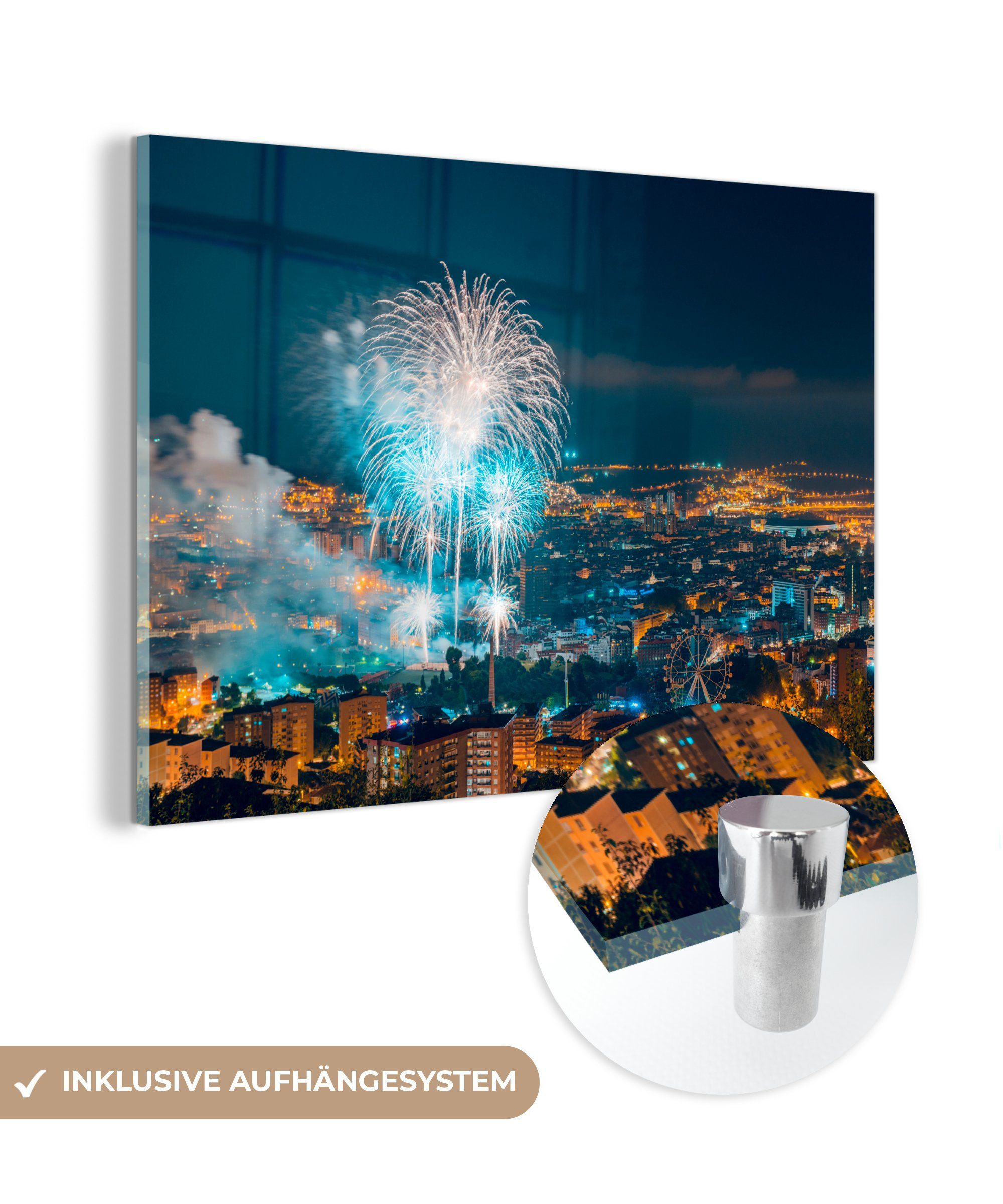 MuchoWow Acrylglasbild Bilbao - Feuerwerk - Spanien, (1 St), Acrylglasbilder Wohnzimmer & Schlafzimmer