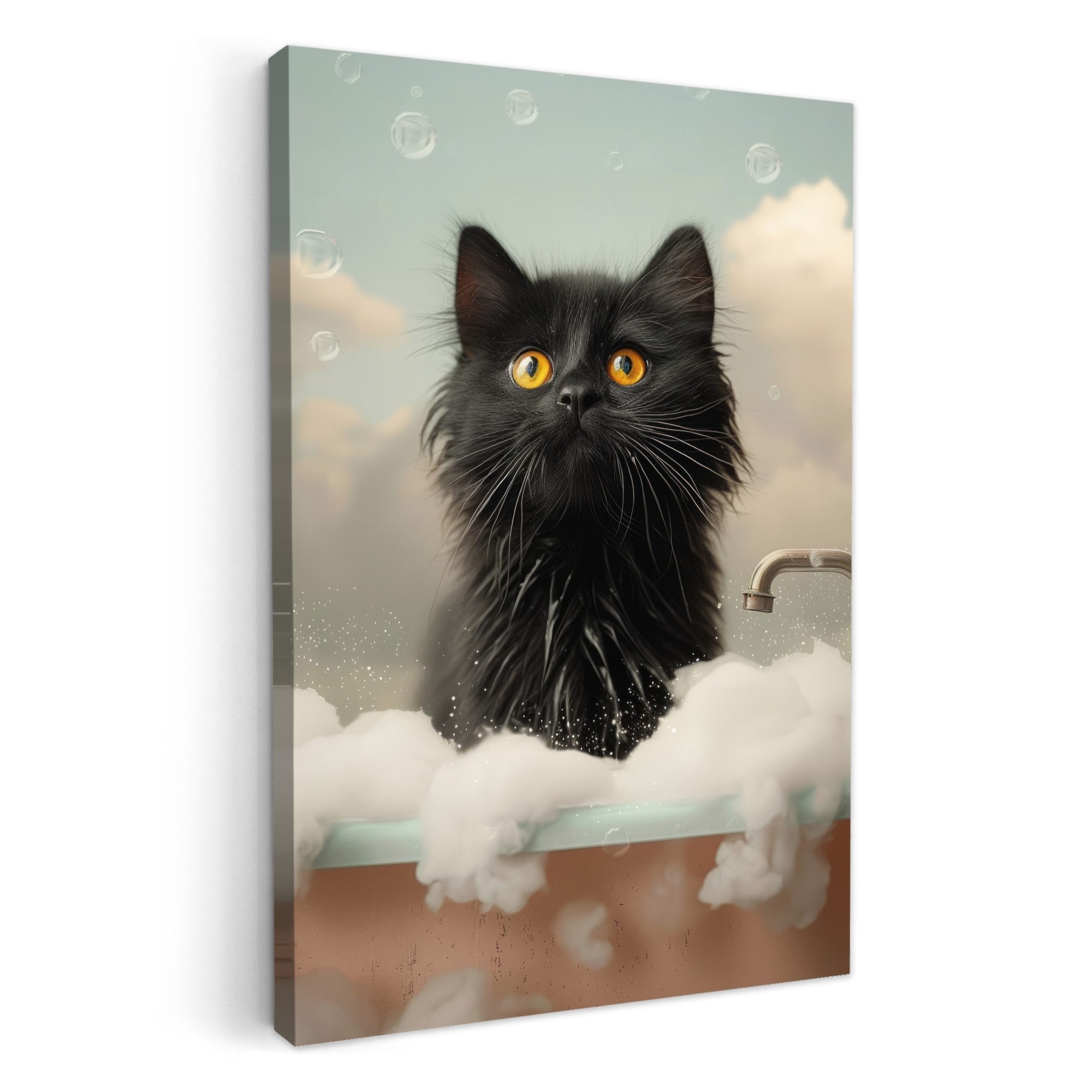 OneMillionCanvasses® Leinwandbild Katze - Bad - Schwarz - Tiere - Schaumstoff, Fotodruck (1 St), Badezimmer Deko, Bilder WC, Toilette Wanddeko 60x90 cm