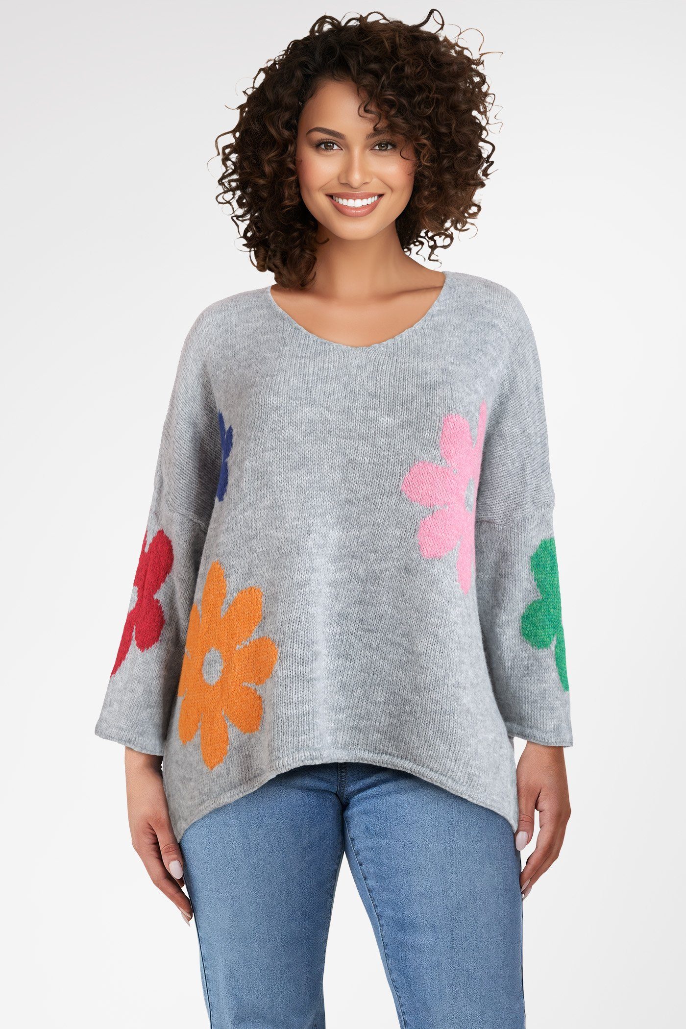 (1-tlg) grau und mit PEKIVESSA Pullover V-Ausschnitt Strickpullover Blumenstickerei Oversize