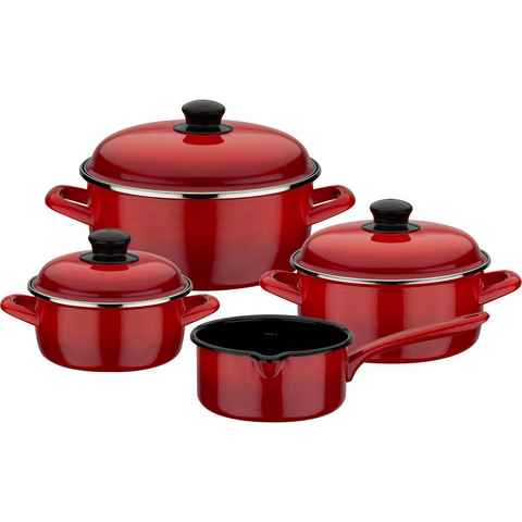 GSW Topf-Set Red Shadow, Emaille (Set, 7-tlg., je 1 Kochtopf 16/20/24 cm, 1x Stielkasserolle 16 cm), Induktion