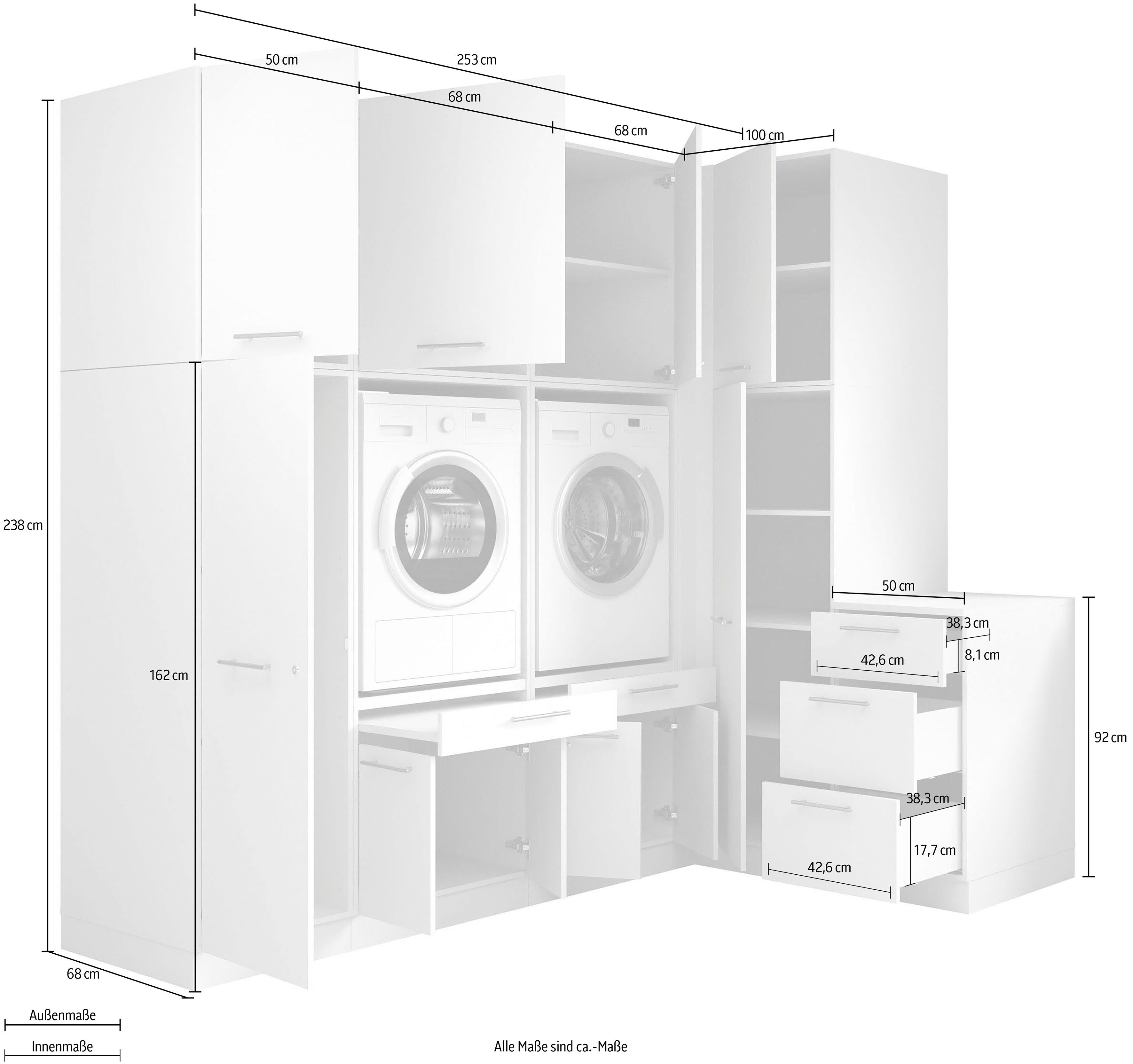 Laundreezy Mehrzweckschrank-Set Laundreezy, 9-tlg. Mehrzweckschrank-Set B/H/T 253/238/68 cm, (9-St), Breite 253 cm, Soft-Close-Funktion für Türen