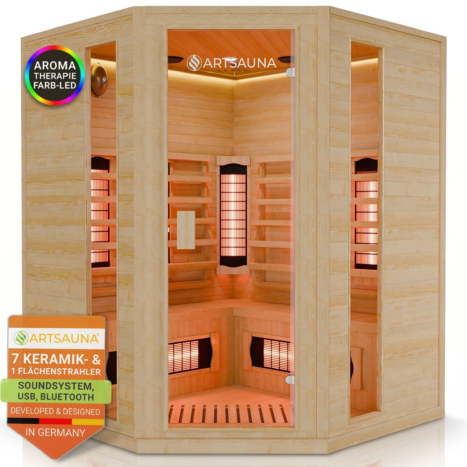 Artsauna Infrarotkabine Nyborg E150V Dual Technologie, für 4 Personen, Hemlock-Holz, HiFi-System, Ionisator, LED-Farblicht