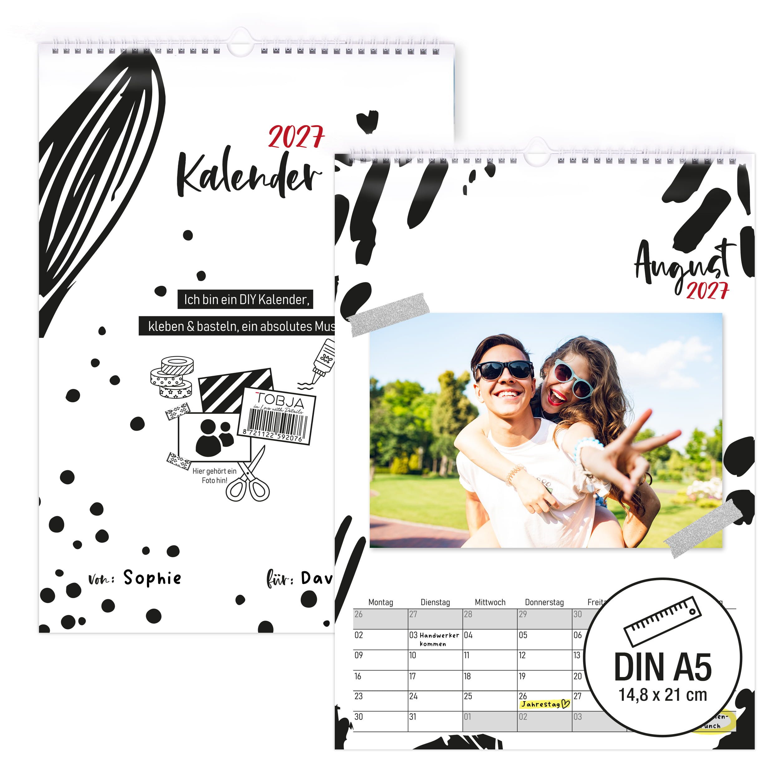 TOBJA Kalender zum Selbstbasteln DIY Foto-Kalender 2027 A5 Ink Schwarz-Weiß Bastelkalender Geschenk, Schwarz-Weiß modern, von/für-Cover, 250g FSC, alle Stifte, A5