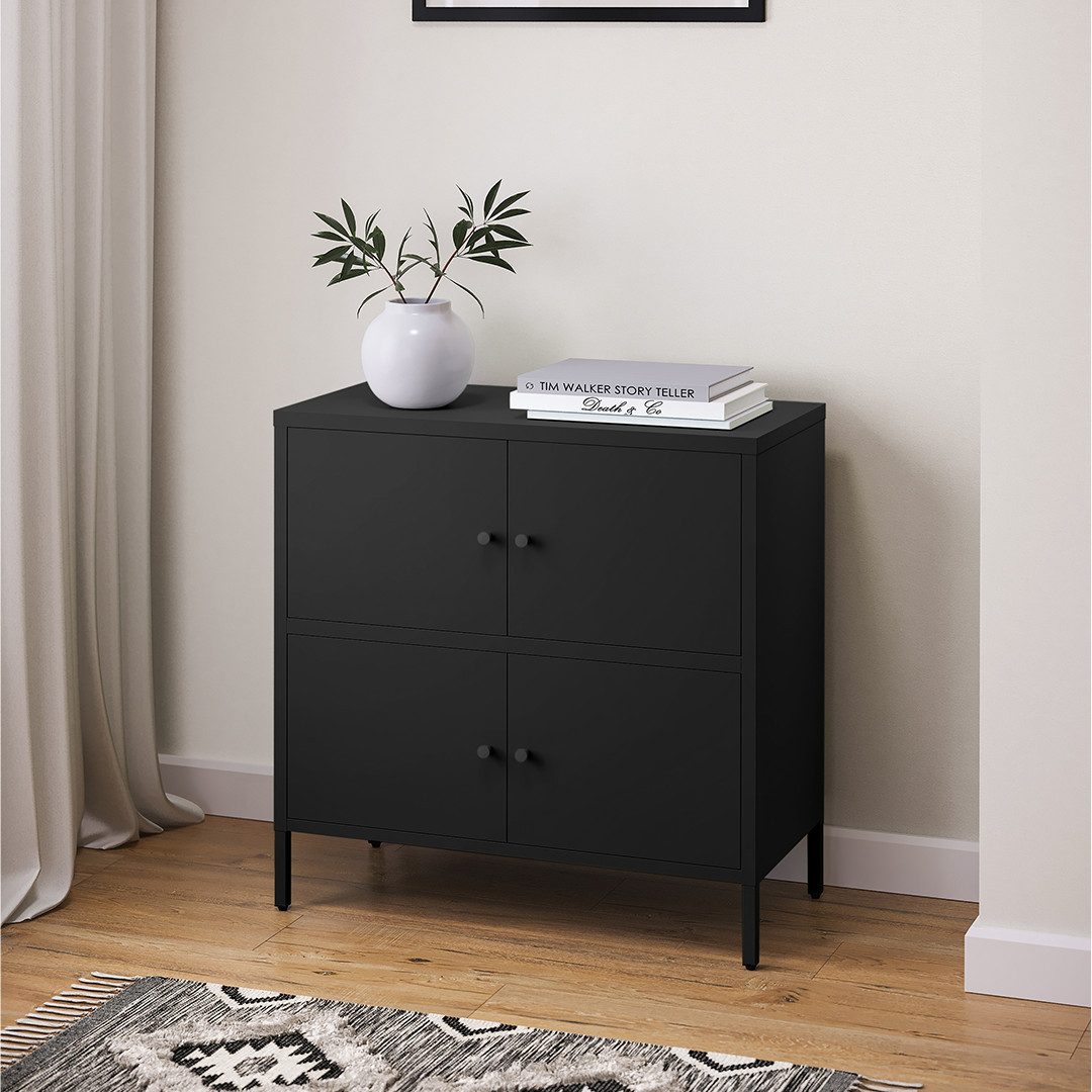 skølm Kommode Atriona aus Metall (Schwarz, 2 Fächer & 4 Türen), Metallschrank 81 x 80 x 38 cm, auch verfügbar mit 3 Fächern