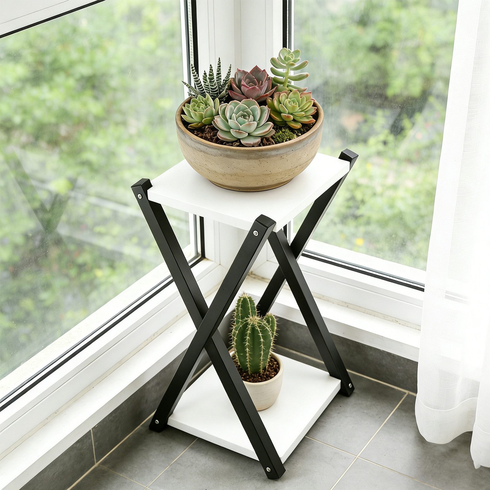 BlingBin Blumenhocker Zweistöckiger Pflanzenständer mit Metallgestell und MDF-Ebenen (1 Stück, 1 St., ca. 57 x 30 x 30 cm), dekorative Blumenablage für Wohnzimmer, Balkon und Garten