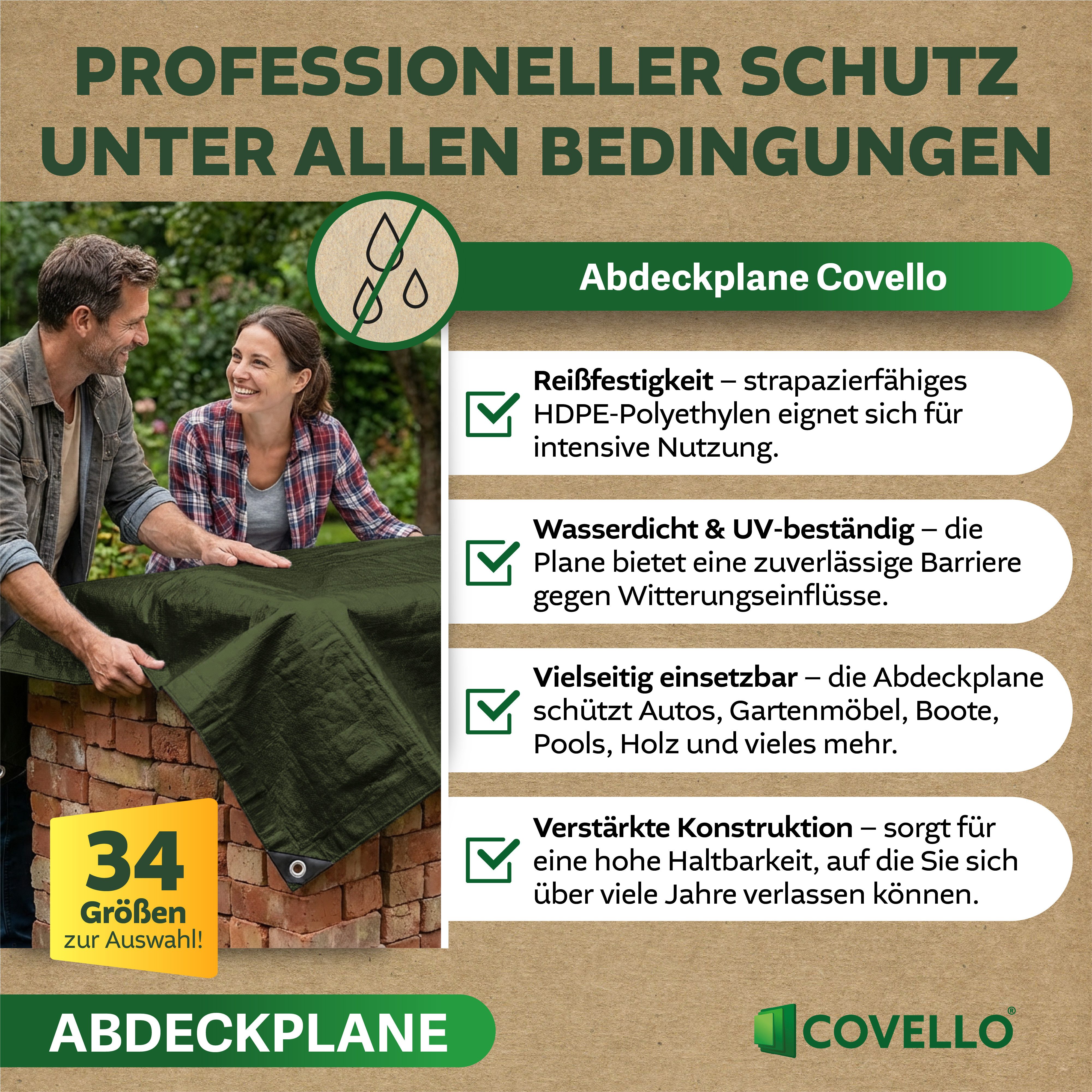 Covello Schutzplane 90g/m² grün, Abdeckplane mit Ösen wasserdicht, Plane UV-stabilisiert in vielen verschiedenen Farben & Größen
