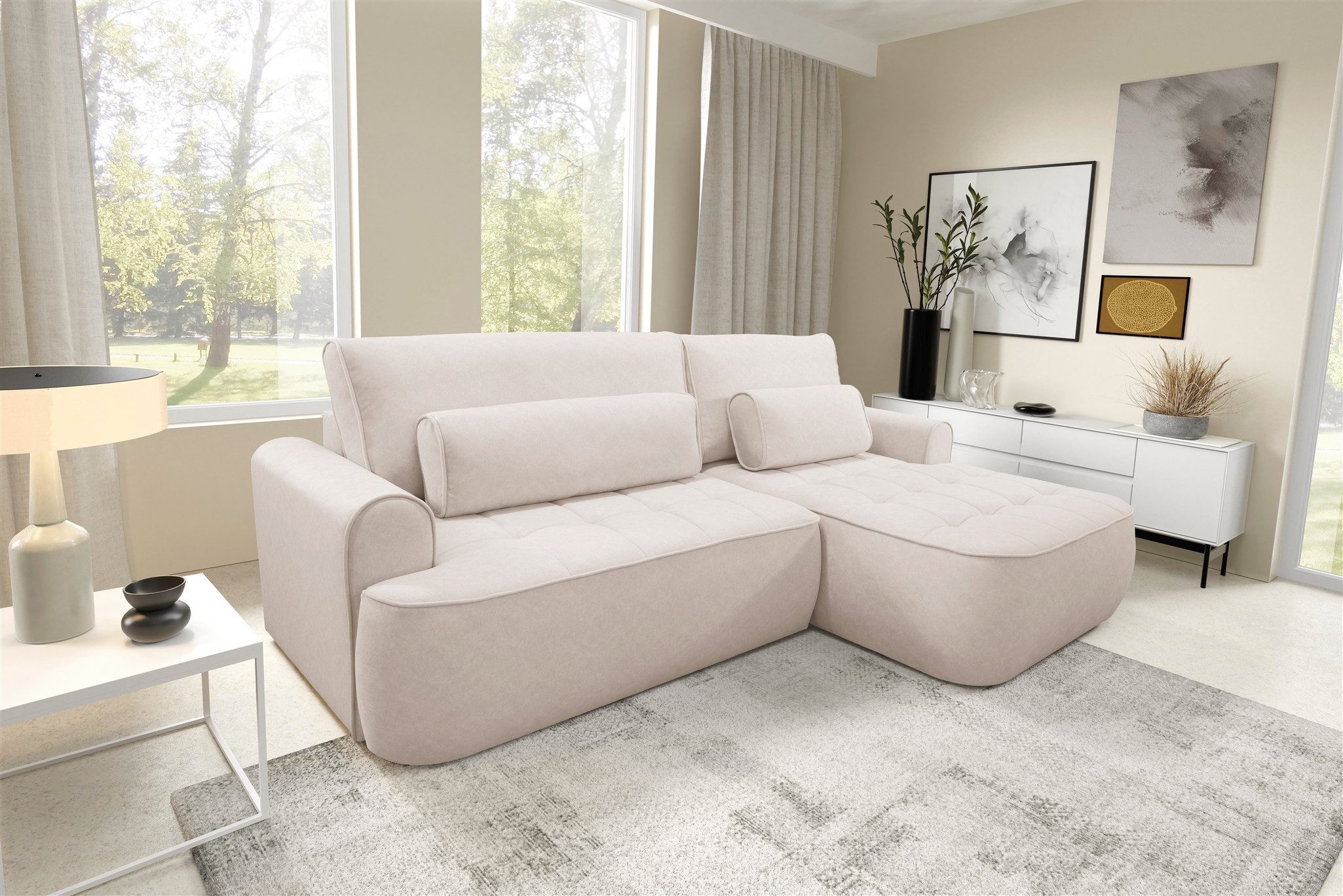 Fun Möbel Ecksofa Sofa mit Schlaffunktion HUNTER Sofa in Velourstoff Cloud, mit Ottomane Links oder Rechts, inkl. 2 x Zierkissen, Sofa rücken echt bezogen